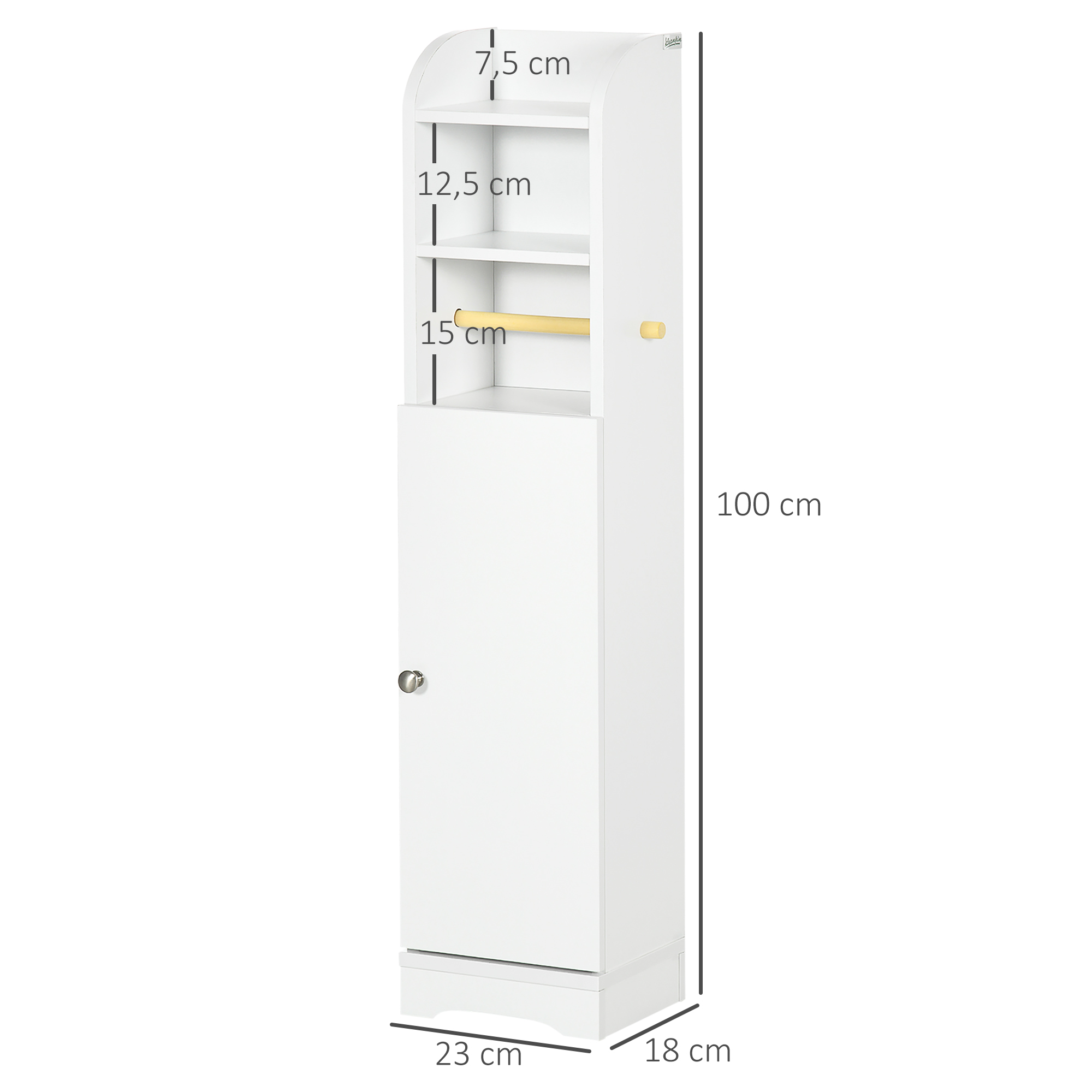 Un mueble blanco alto y estrecho con tres estantes abiertos y una puerta.