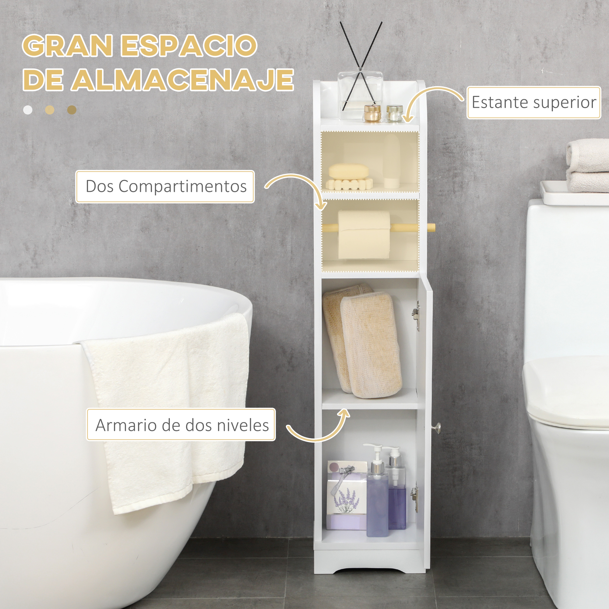 Un mueble de baño blanco con varios compartimentos junto a un inodoro y una bañera.