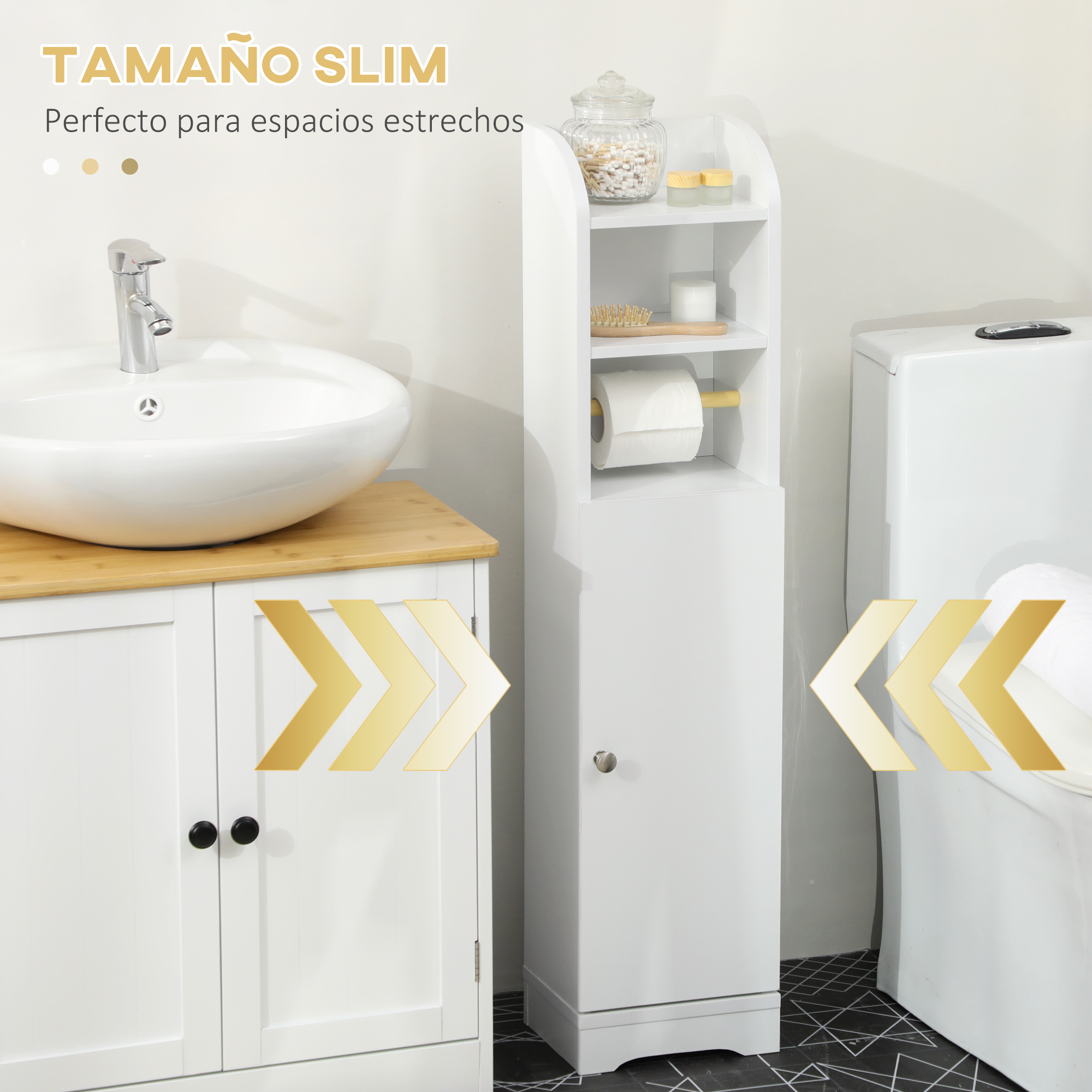 Un estante estrecho blanco para baño junto a un inodoro y lavabo.