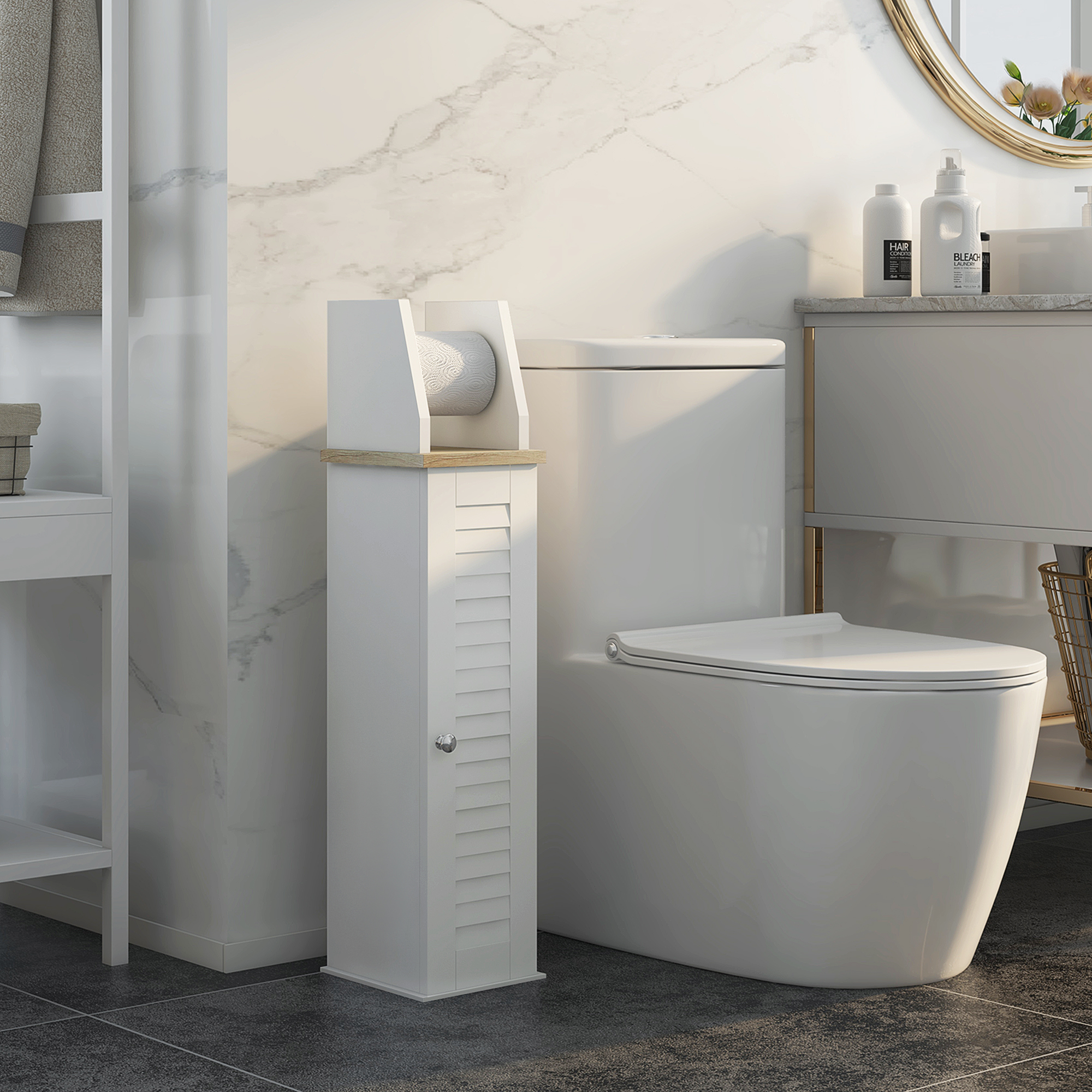 Un mueble blanco estrecho con portarrollos junto a un inodoro.