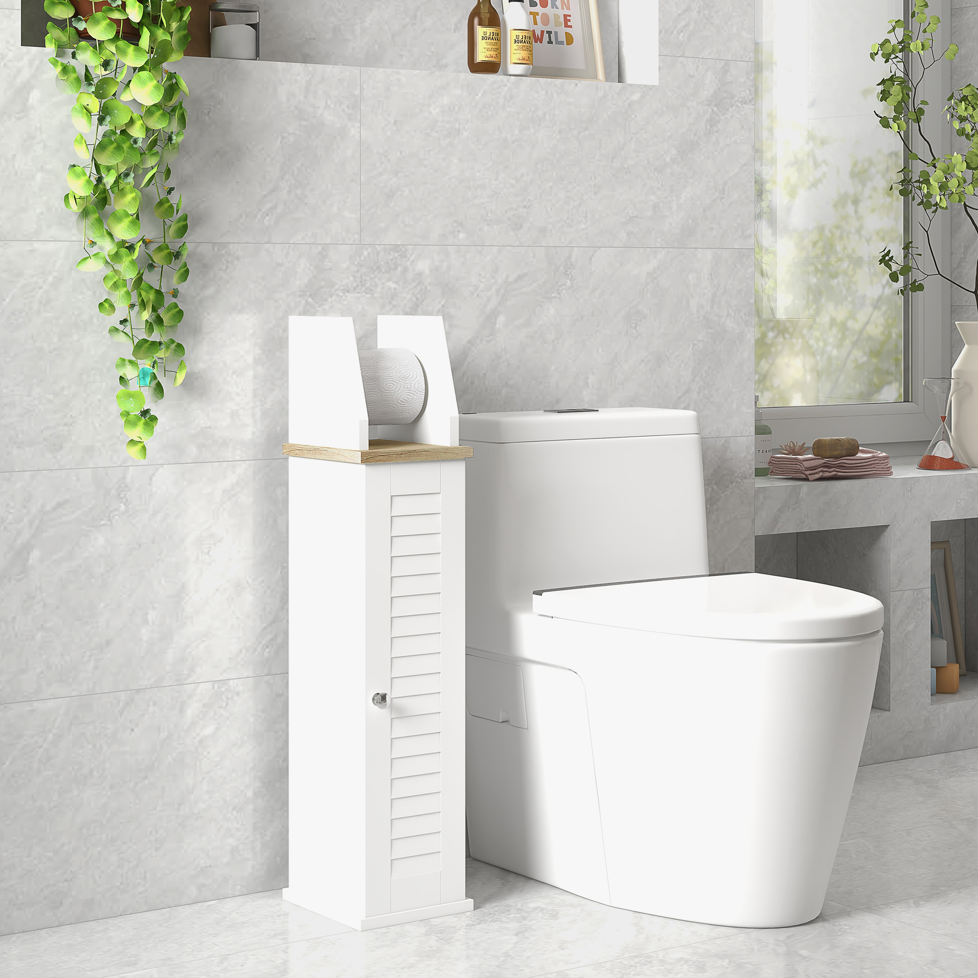 Un soporte blanco para papel higiénico junto a un inodoro.