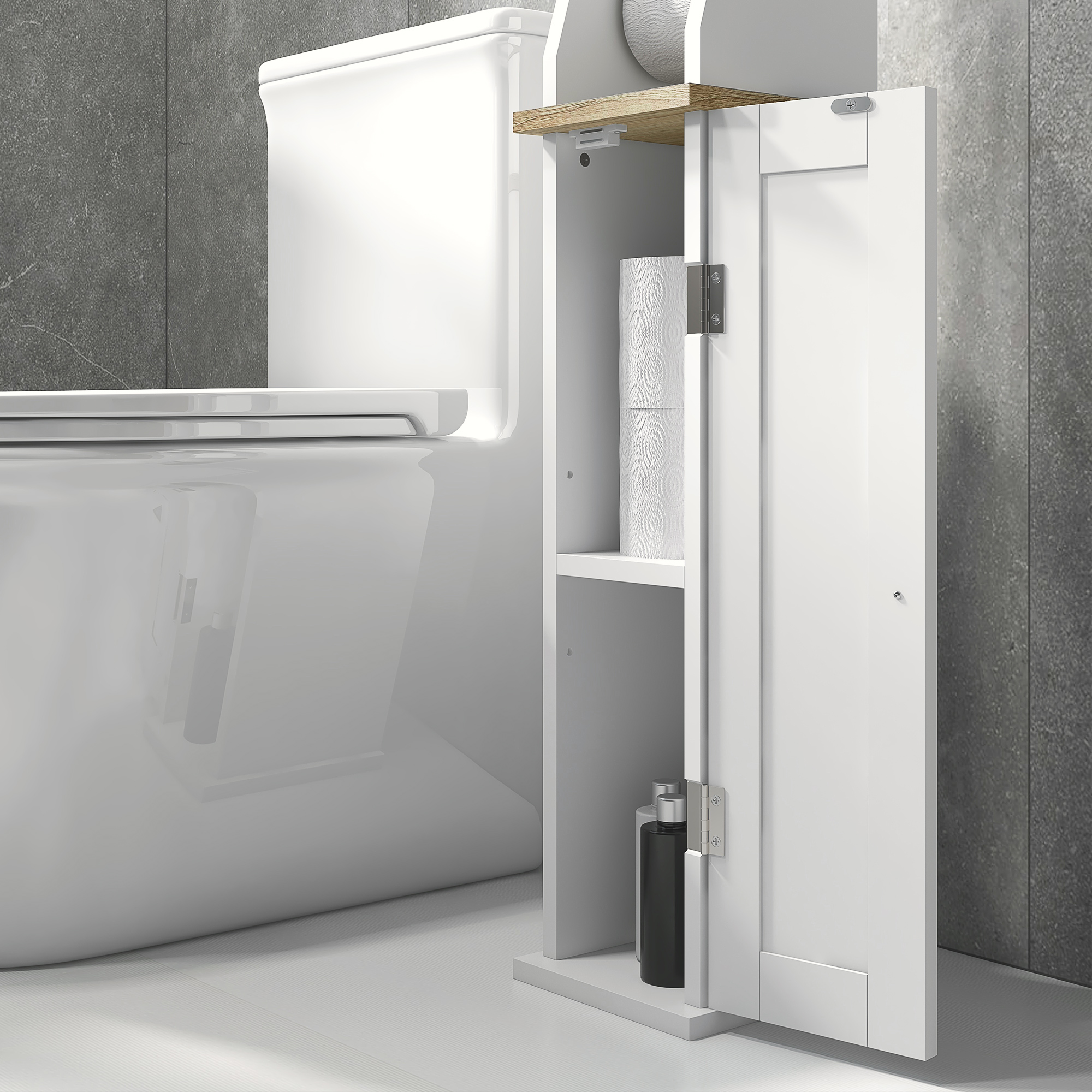 Un mueble blanco junto a un inodoro, con papel higiénico y botellas.
