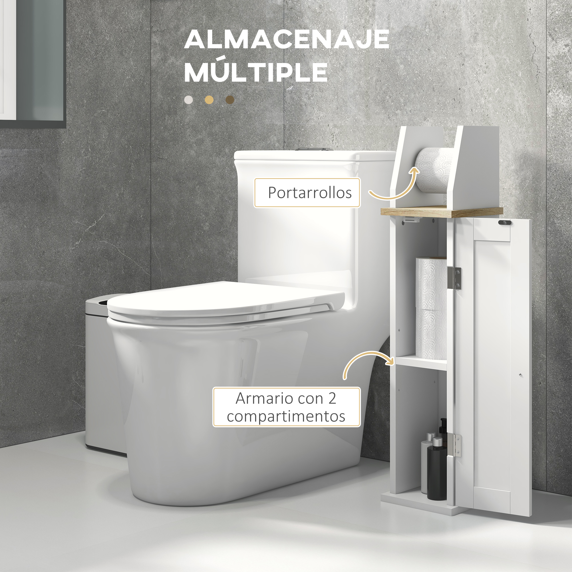 Un mueble de almacenamiento blanco para inodoro con portarrollos y dos compartimentos.