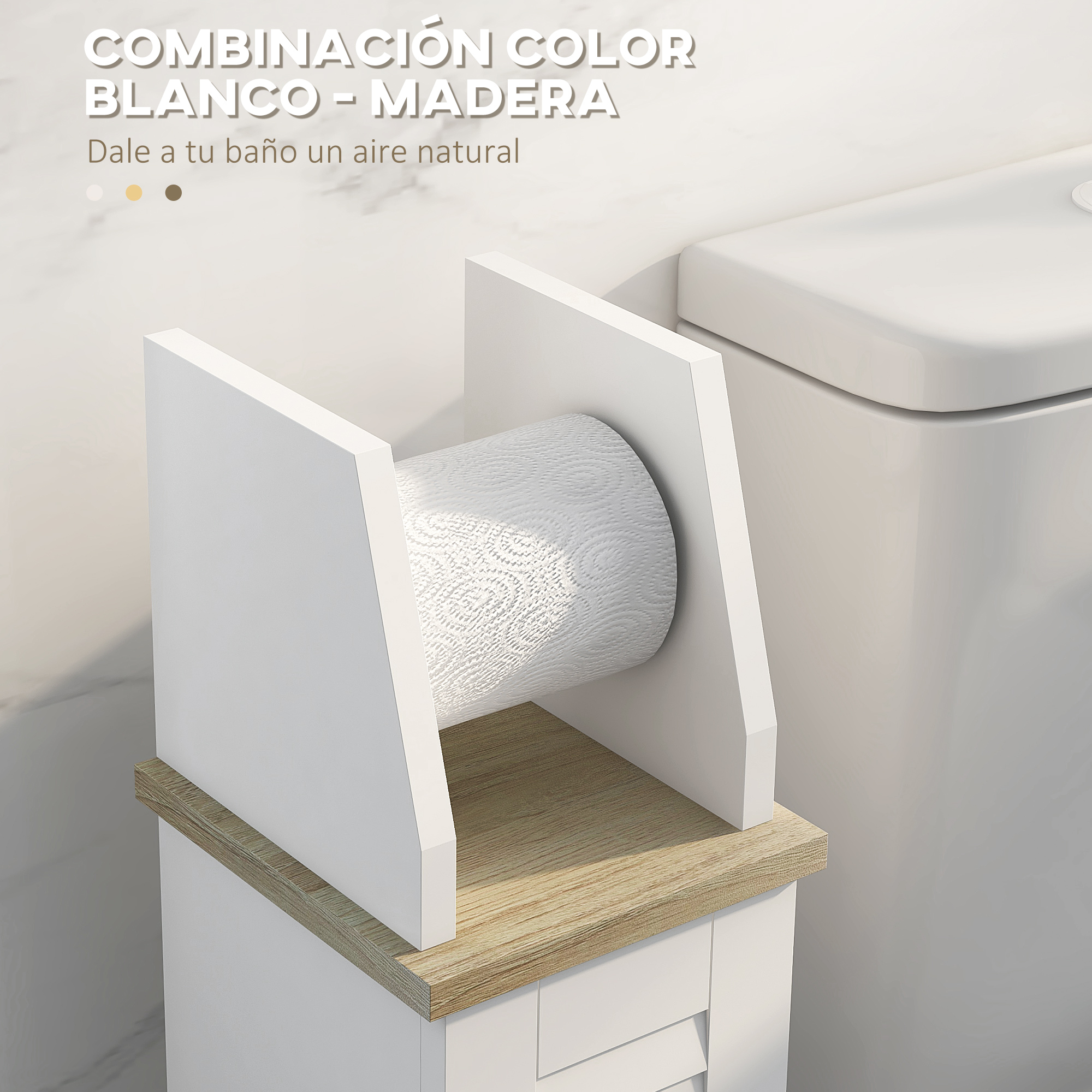 Portarrollos de papel higiénico blanco con tapa de madera junto a un inodoro blanco.