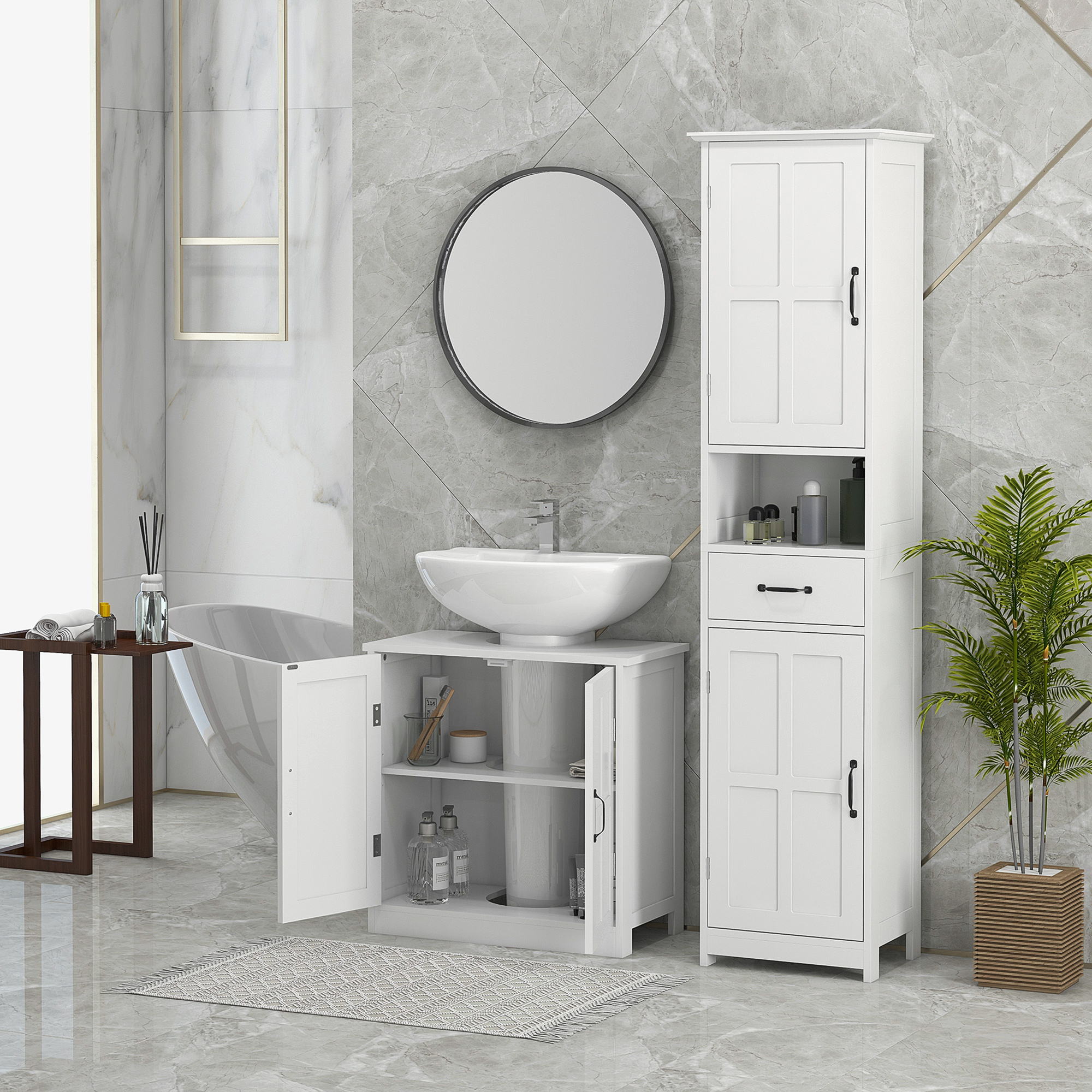 Un baño con gabinetes blancos, lavabo, bañera y espejo.