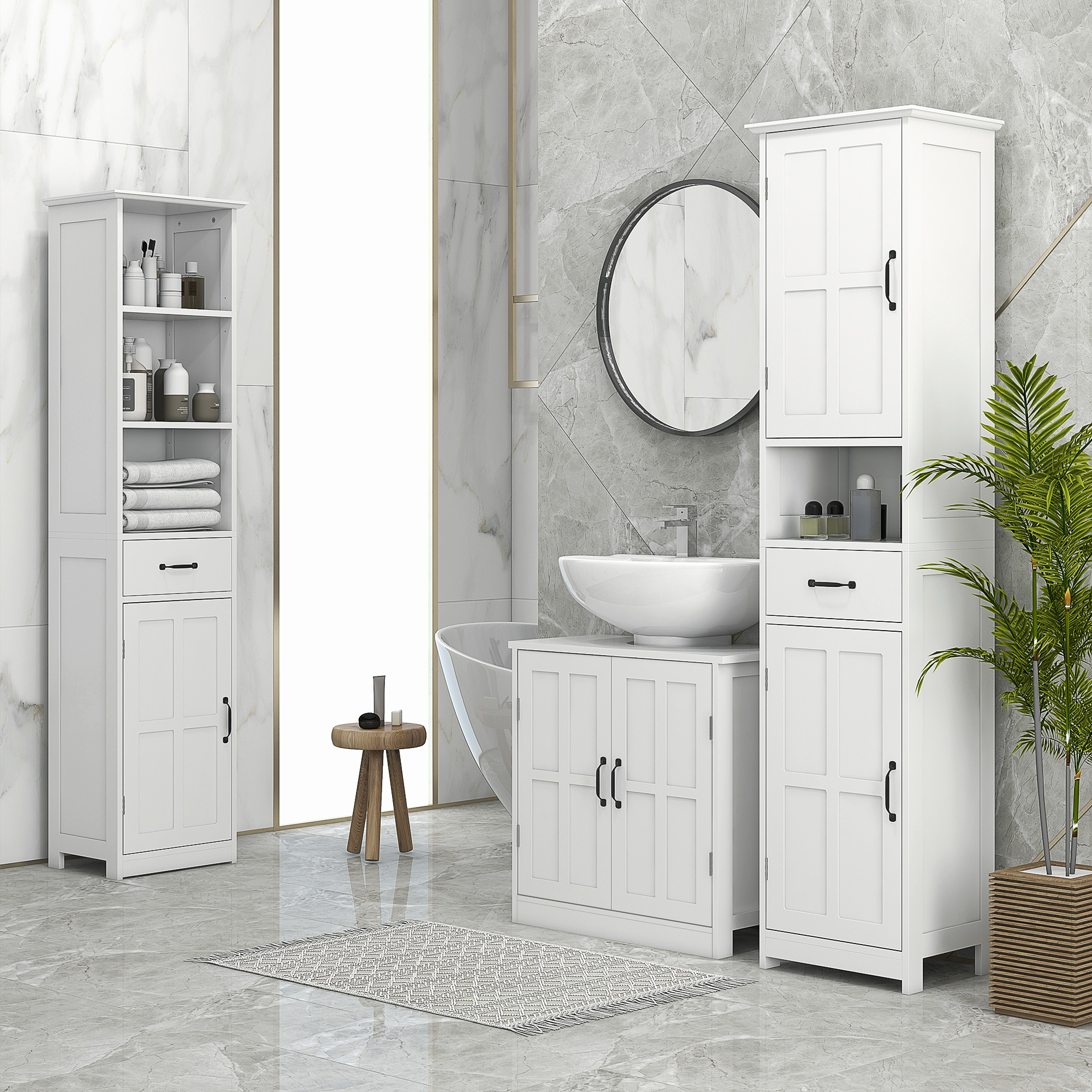 Un mueble de baño blanco con lavabo, espejo, bañera y planta.