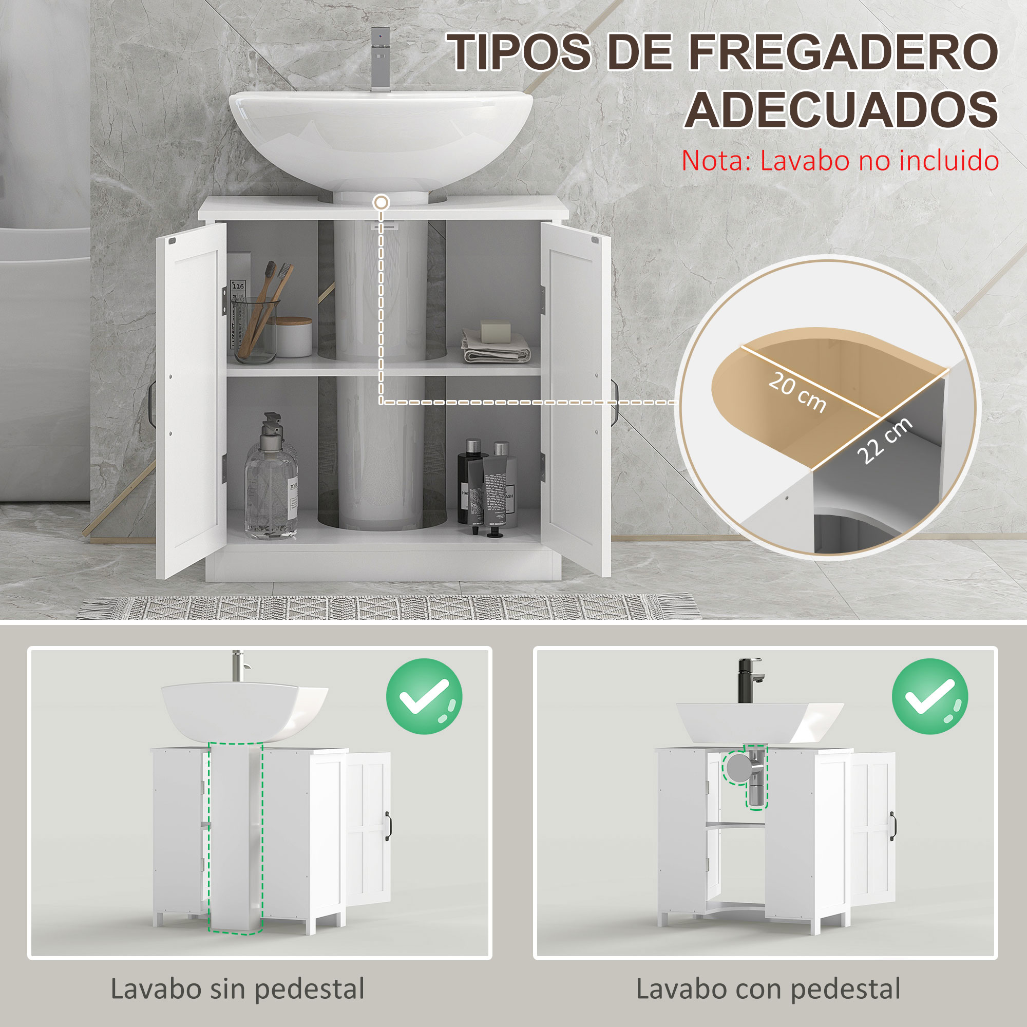 Mueble de lavabo blanco con puertas abiertas, lavabo y grifo. Dimensiones en círculo.