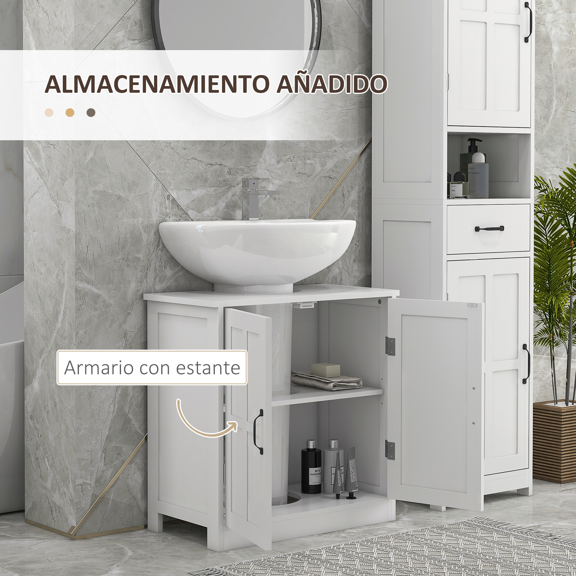 Un armario de baño blanco con puerta abierta debajo de un lavabo.
