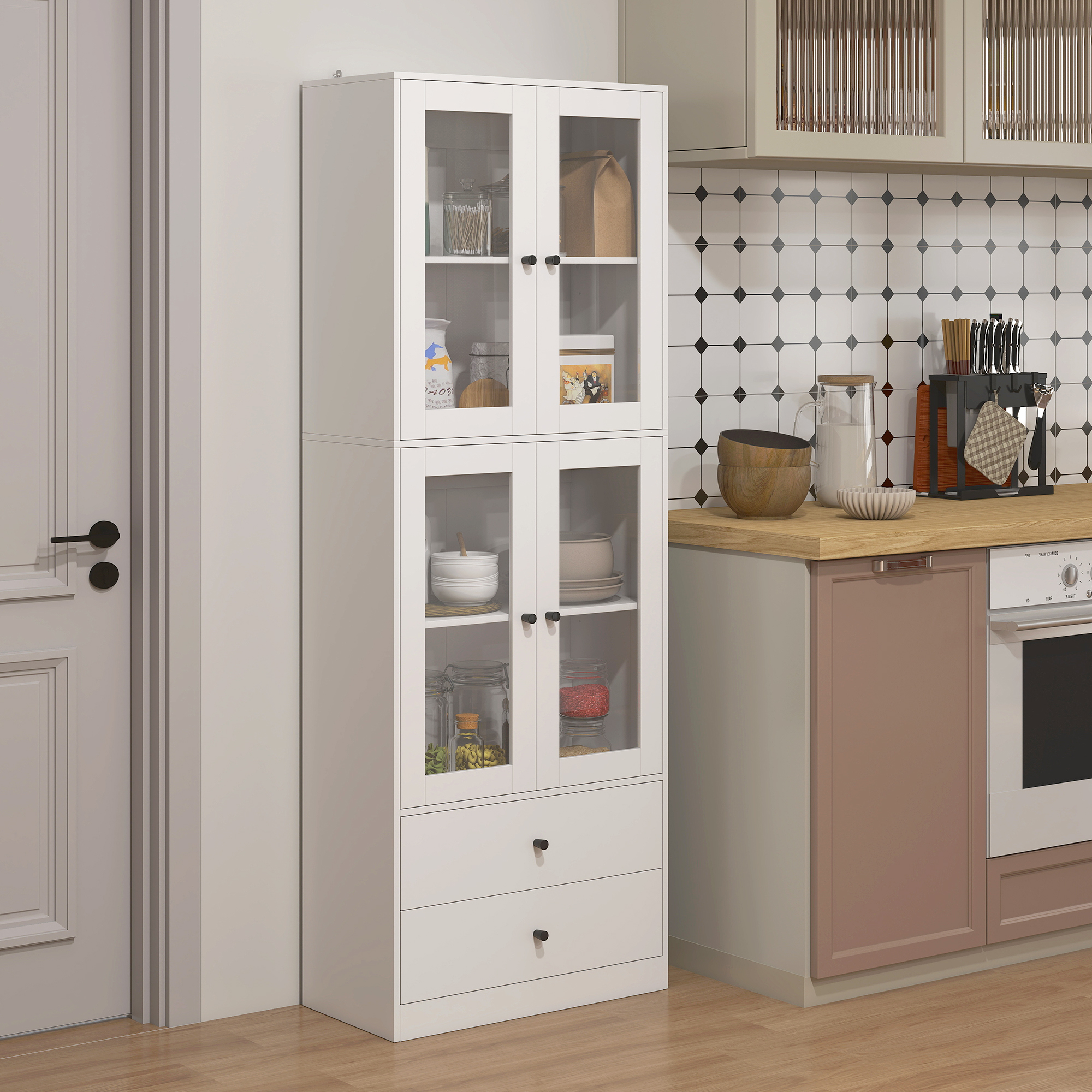 Un armario blanco alto con puertas de cristal junto a una puerta en una cocina.