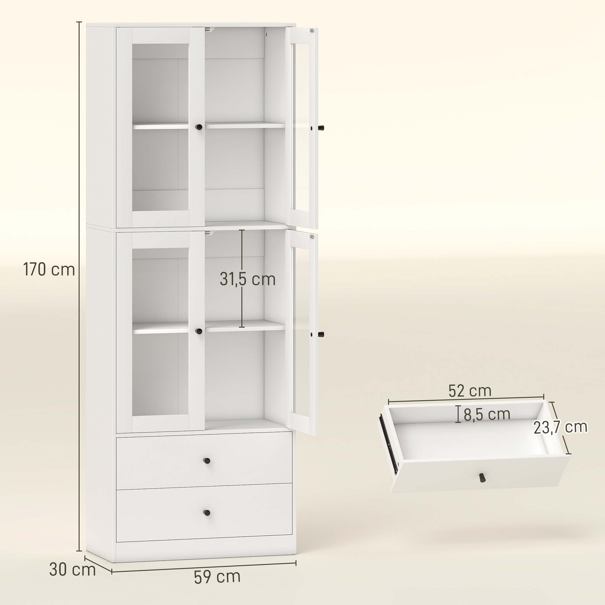 Un armario blanco con puertas de cristal y cajones, se muestran las medidas.