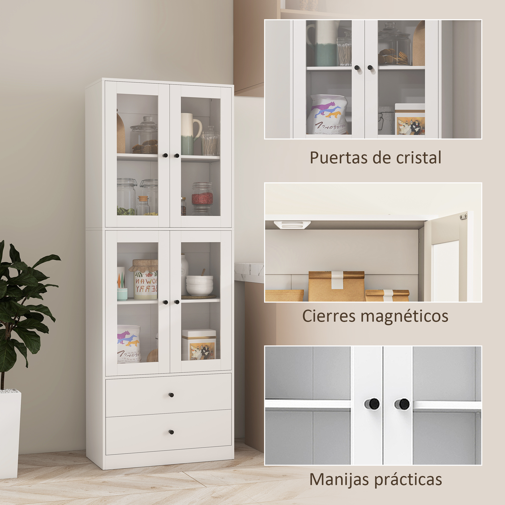 Un armario blanco con puertas de cristal y cajones, lleno de tarros y recipientes.
