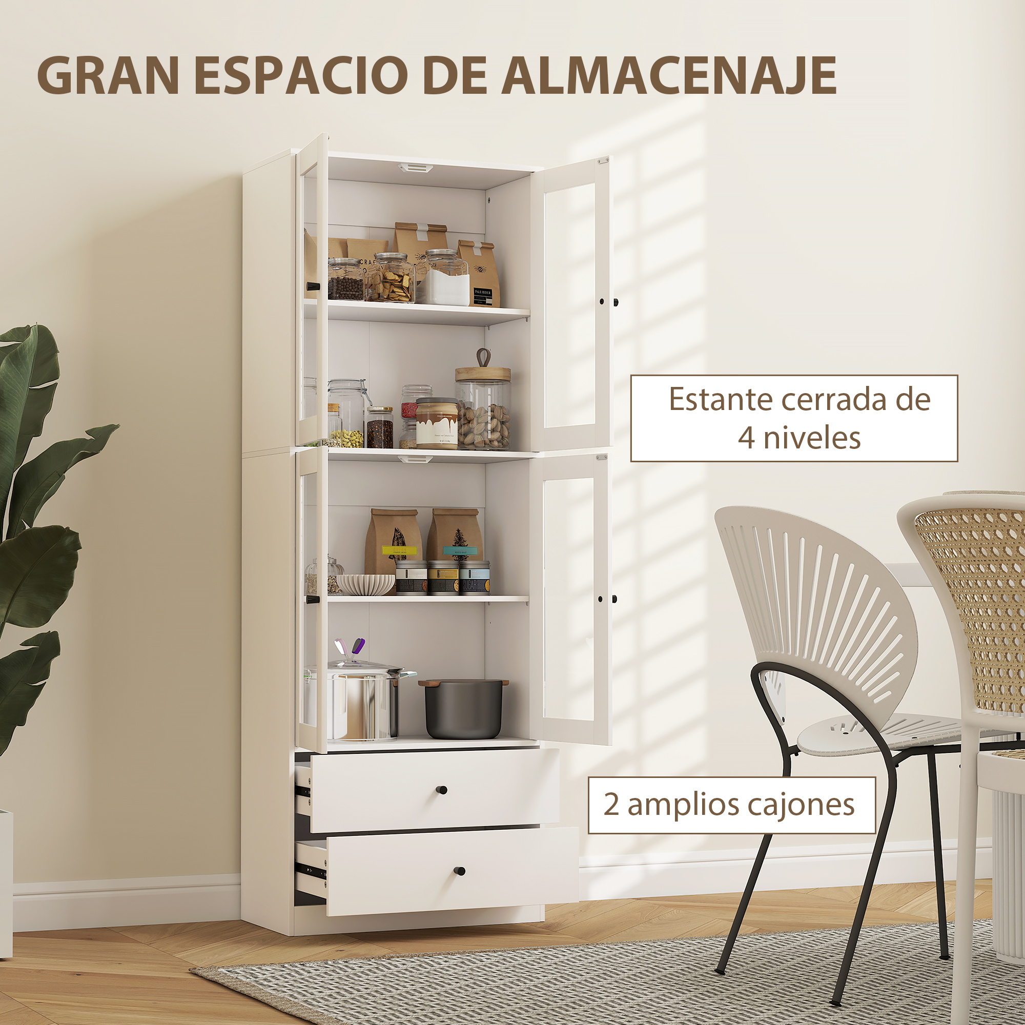 Un armario blanco con puertas de cristal, lleno de comida y utensilios.