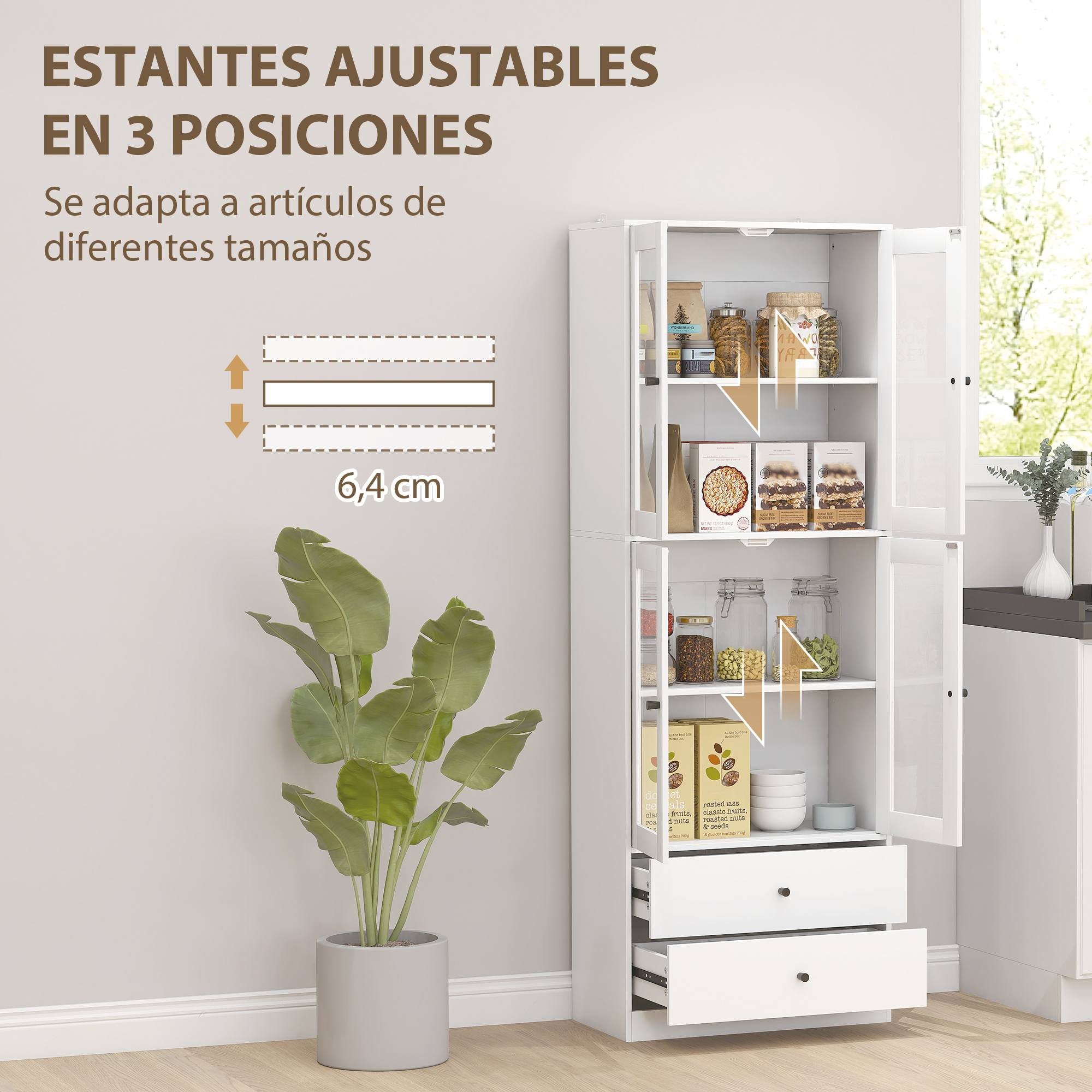 Un armario blanco con puertas abiertas, lleno de artículos de despensa. Una planta en maceta a la izquierda.