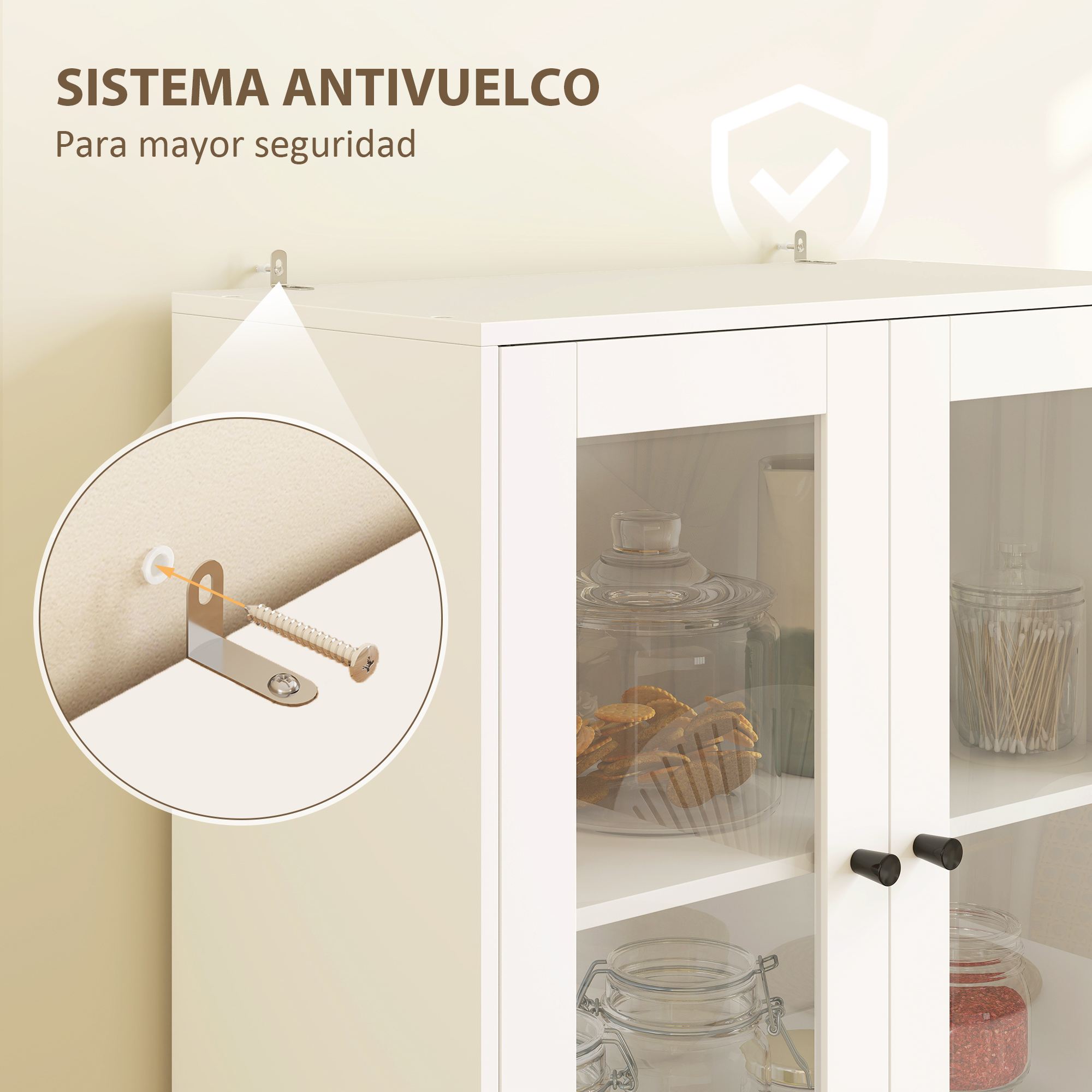 Armario blanco con sistema antivuelco y puertas de cristal, lleno de galletas y bastoncillos.