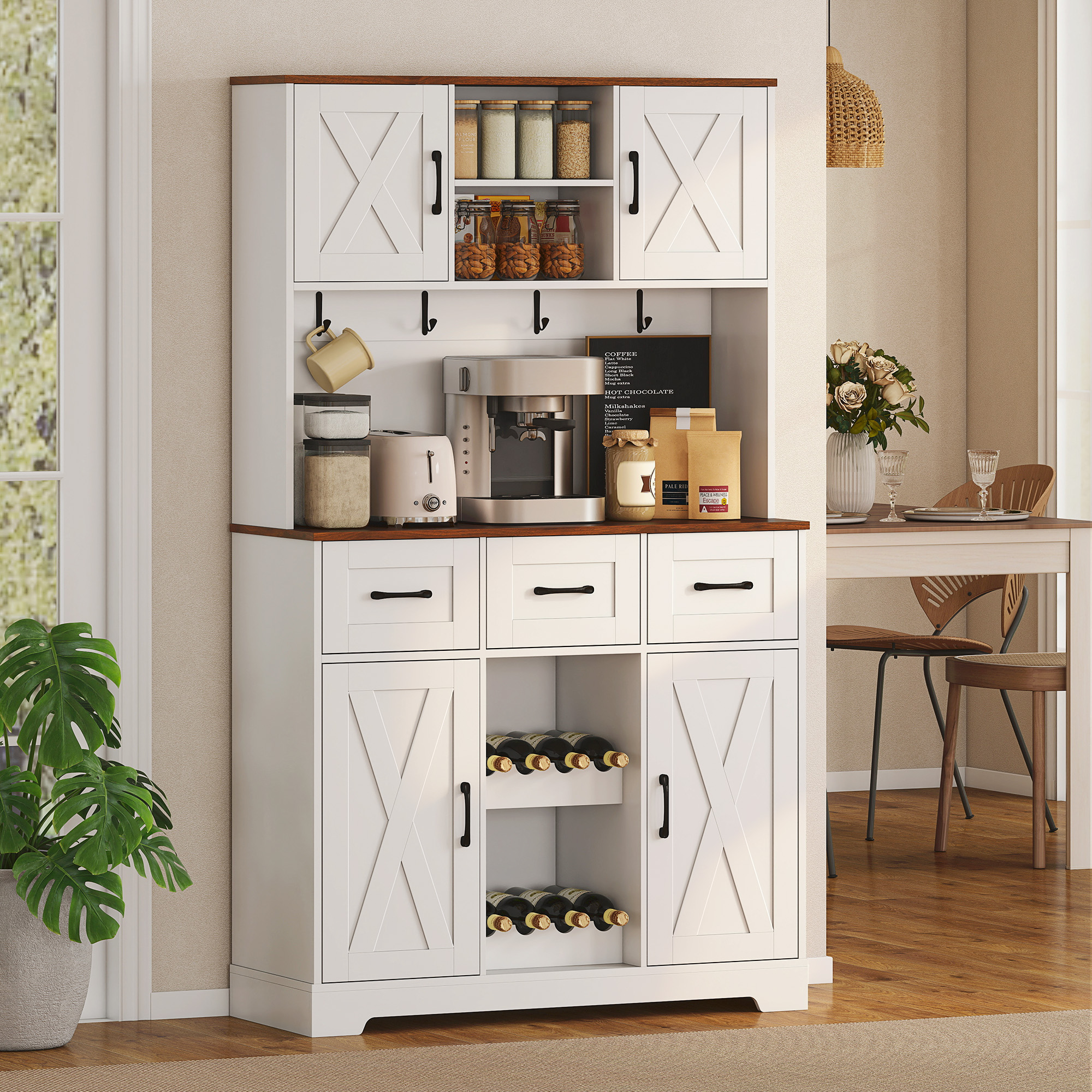 Una alacena de cocina blanca con detalles de madera, llena de comida y vino.