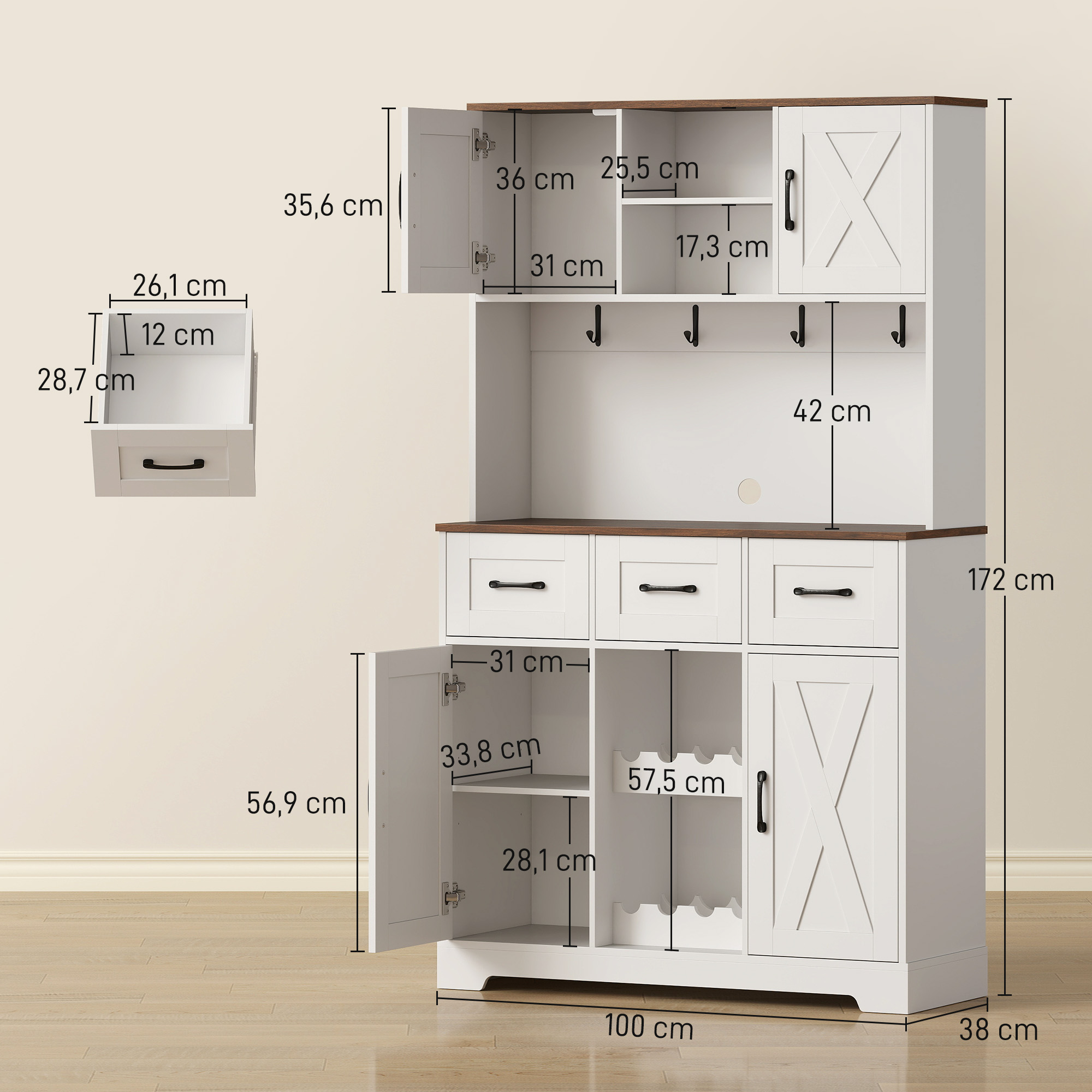 Un armario blanco con detalles de madera, se indican las dimensiones.