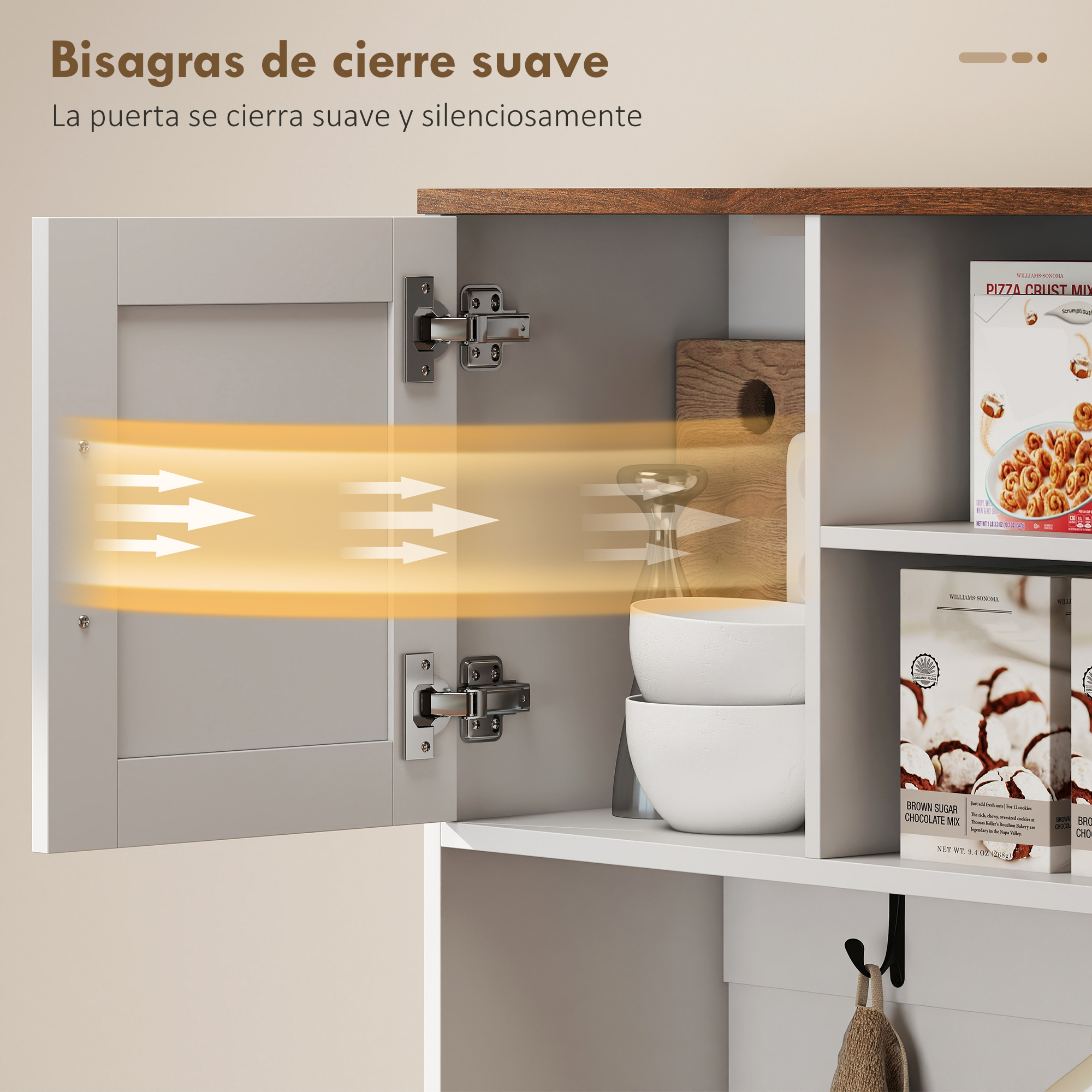 Un armario abierto que muestra bisagras, cuencos y cajas de mezcla para masa de pizza.