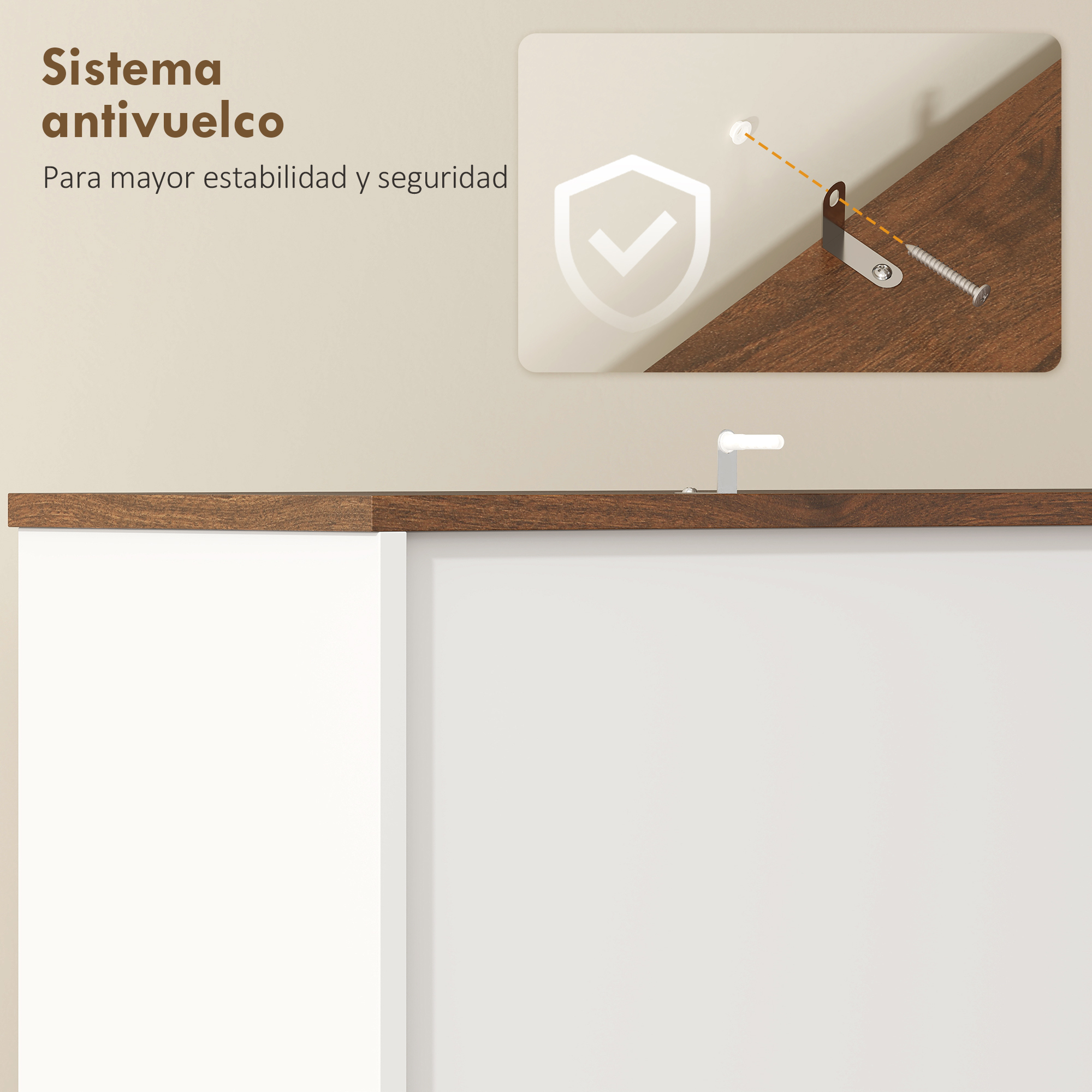 Sistema antivuelco: Soporte pared fijado con tornillo a superficie madera.