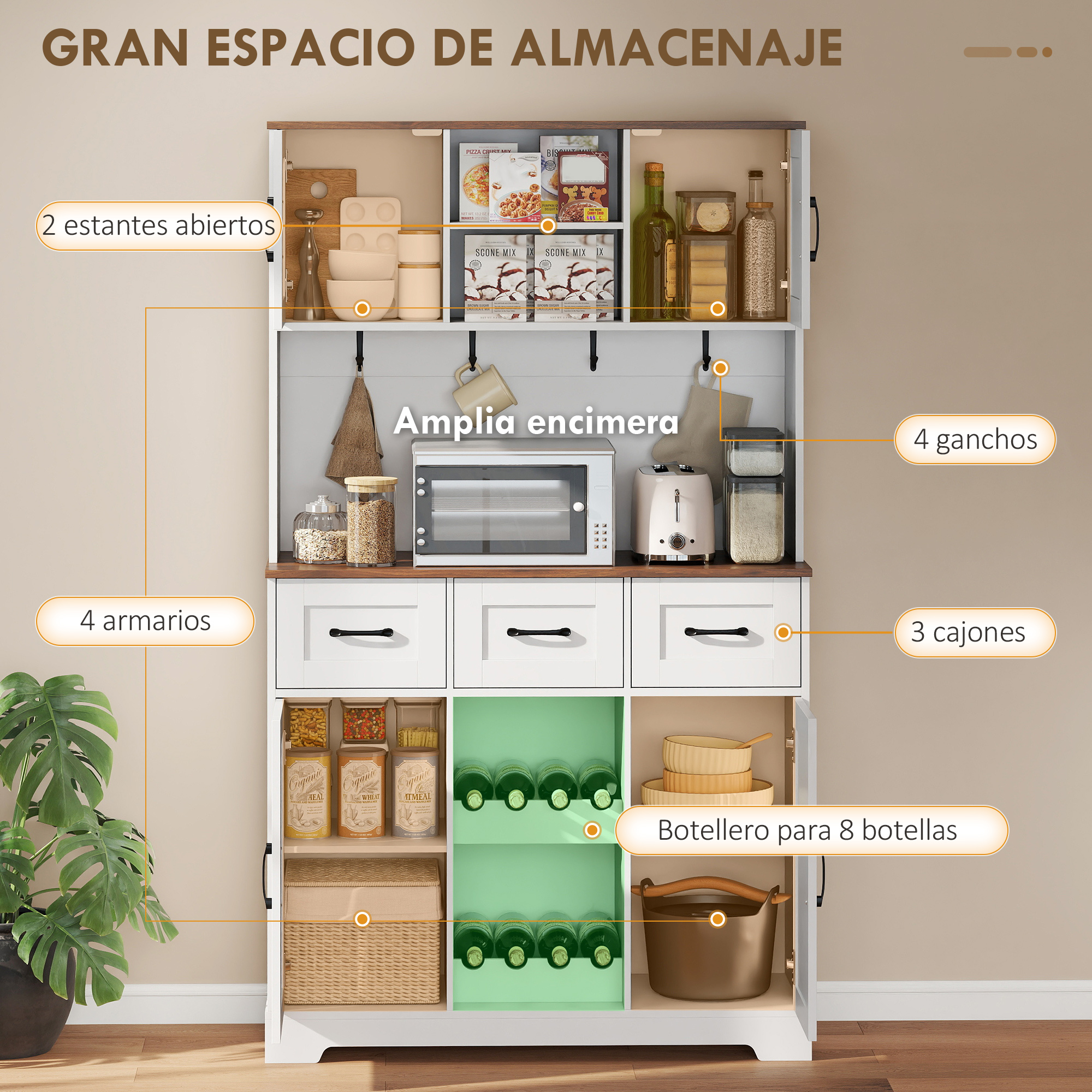 Un mueble de cocina blanco con detalles de madera, lleno de comida y electrodomésticos.