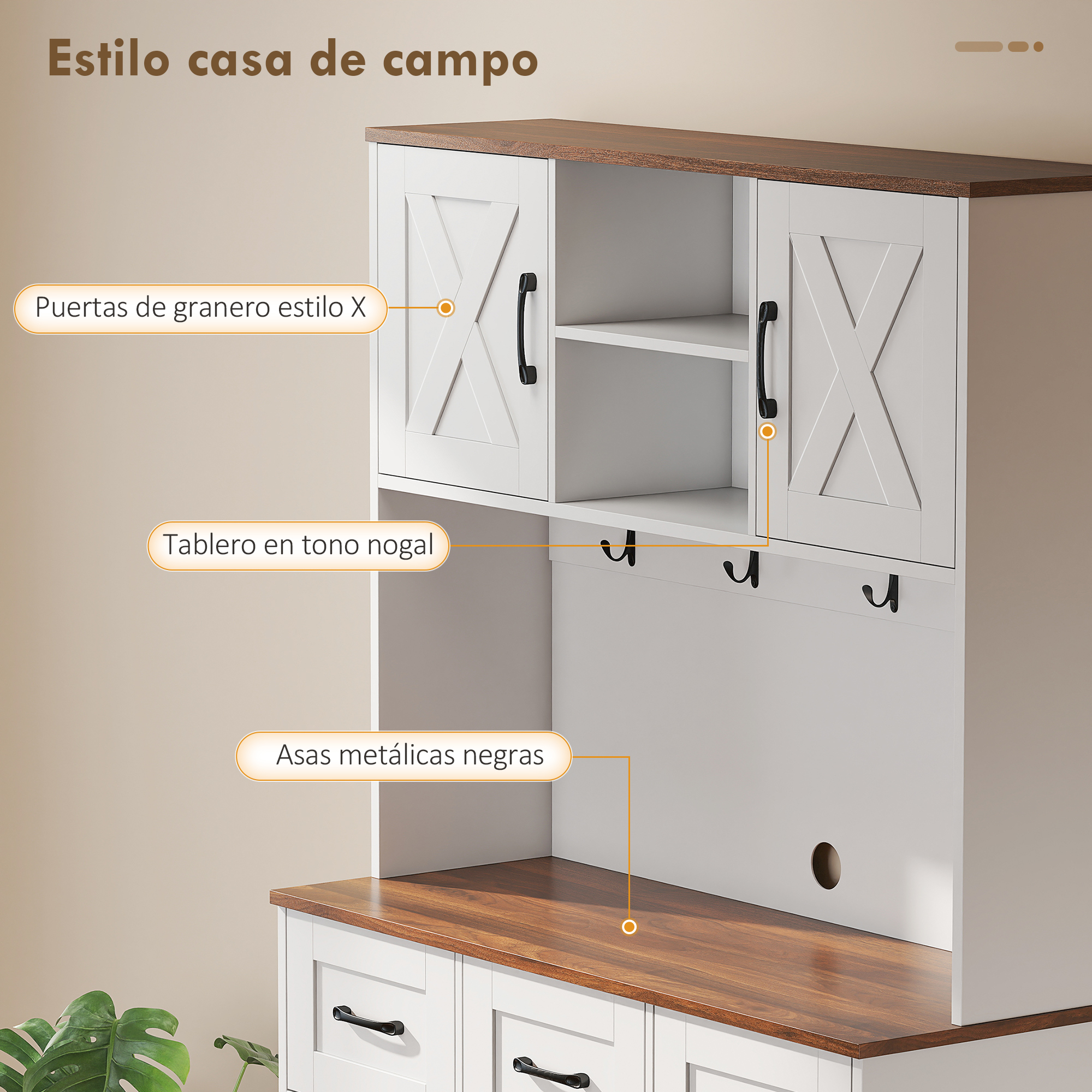 Armario blanco estilo casa de campo con tapa de madera, puertas X y asas negras.