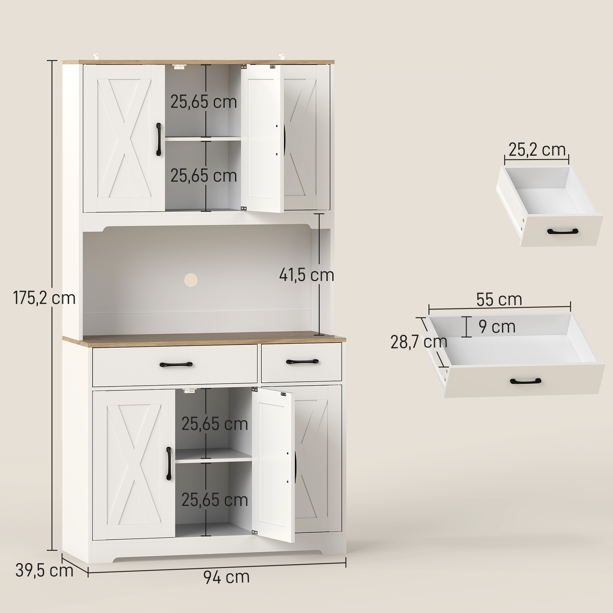 Una alacena blanca con tapa efecto roble, puertas de cristal y cajones. Dimensiones mostradas.