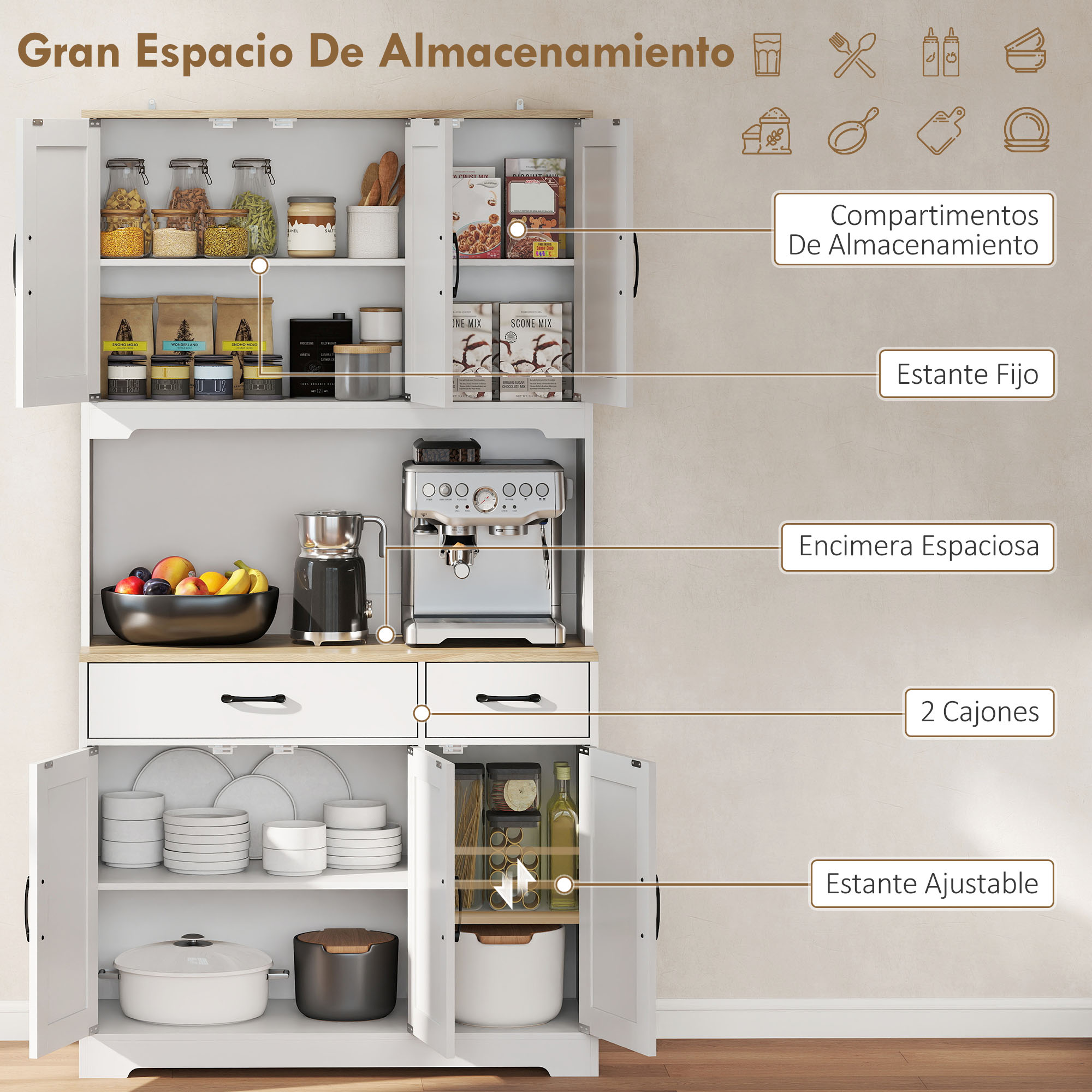 Armario de cocina blanco con frascos de vidrio, cafetera, frutero y vajilla.