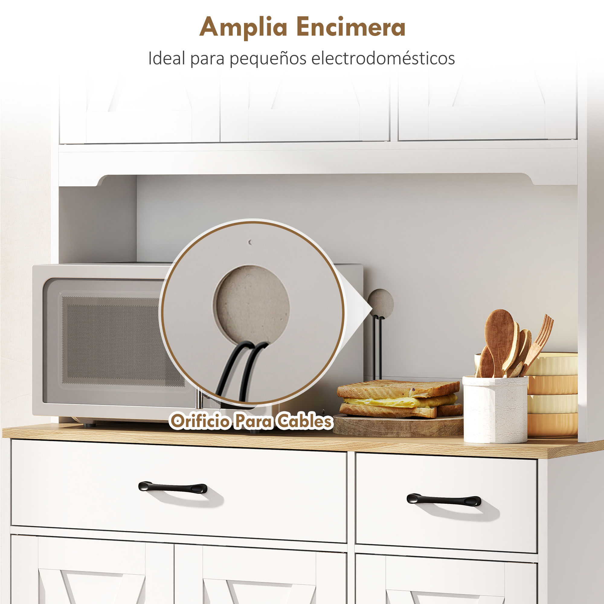 Armarios de cocina blancos con encimera de madera, microondas y sándwiches.