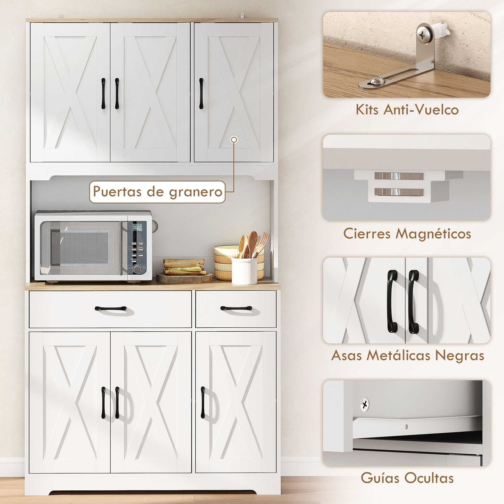 Armario de cocina blanco con detalles de madera, microondas, cajones y puertas.
