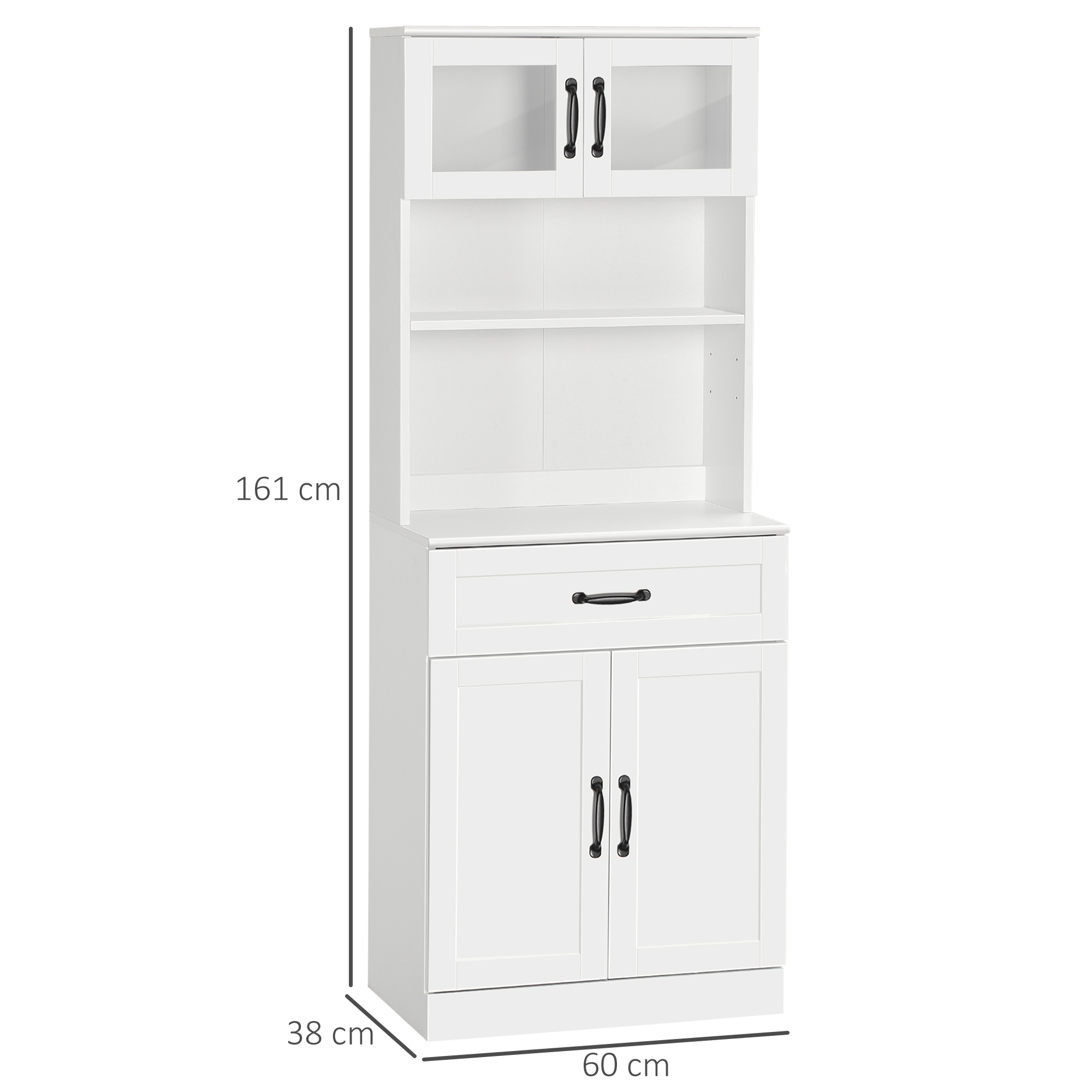 Alacena blanca de cocina con puertas de cristal arriba, cajón y doble puerta abajo.