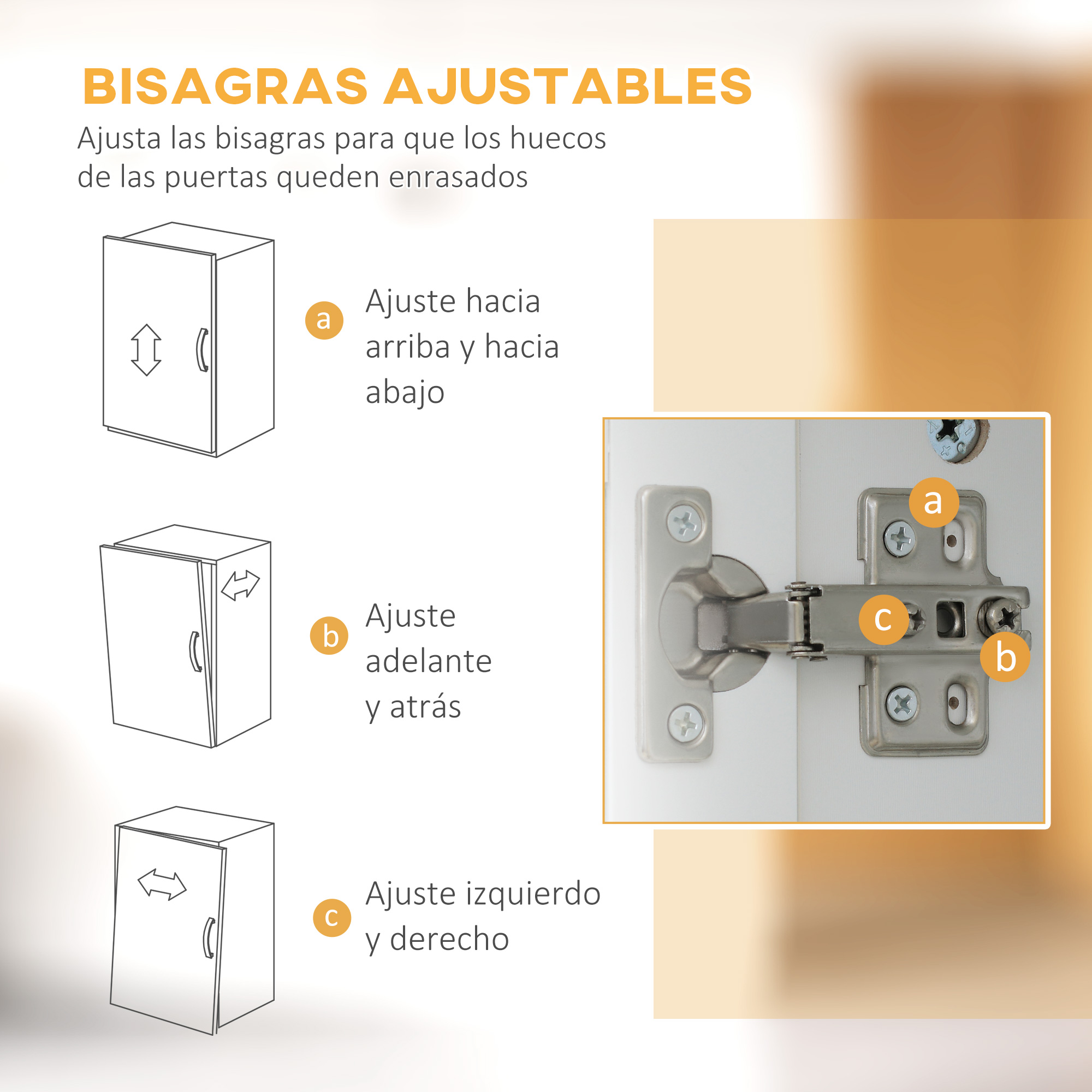 Guía para ajustar bisagras: ajustes de arriba/abajo, adelante/atrás.