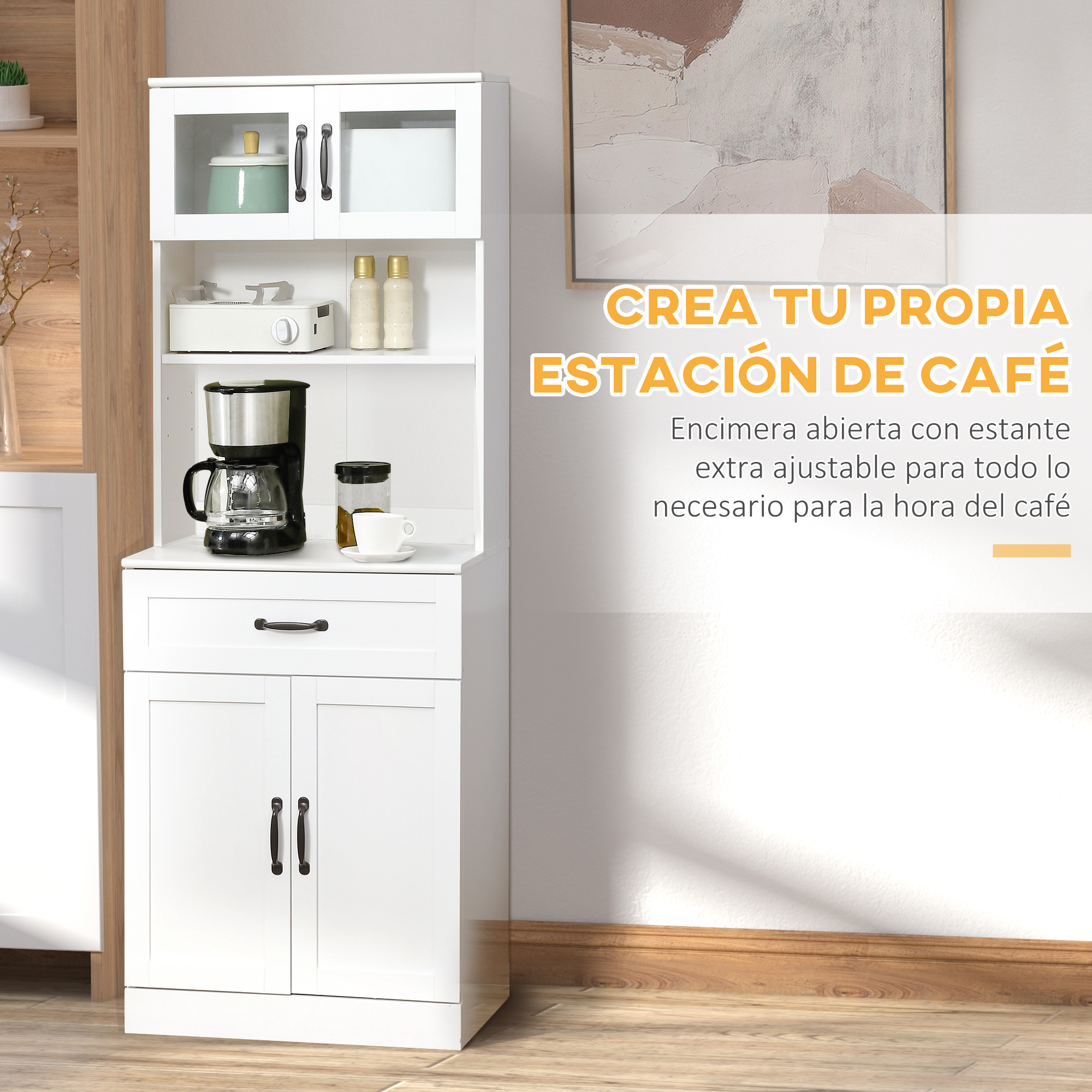 Una alacena de cocina blanca con cafetera, frascos y una olla.