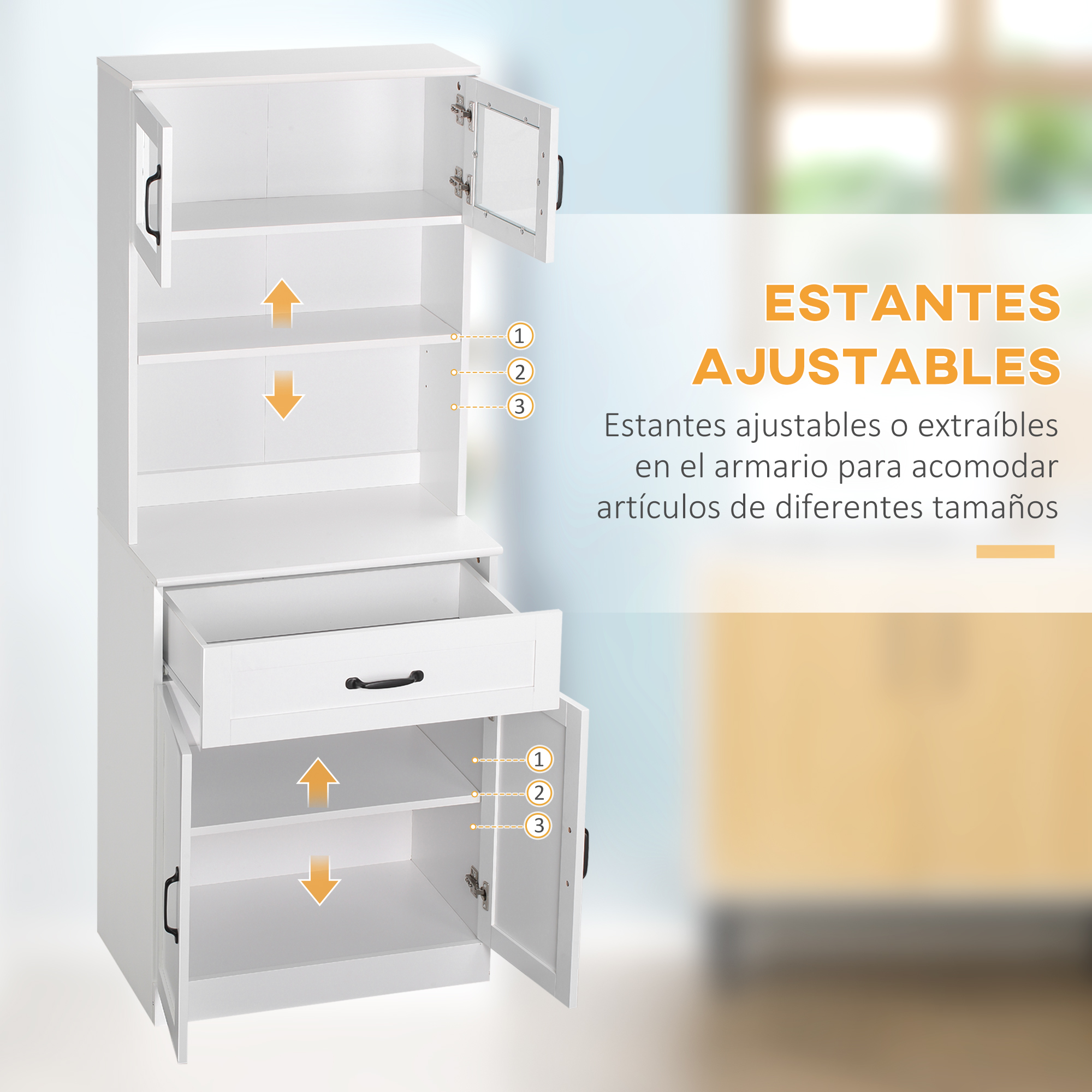 Armario blanco con puertas abiertas, cajón y estantes ajustables.