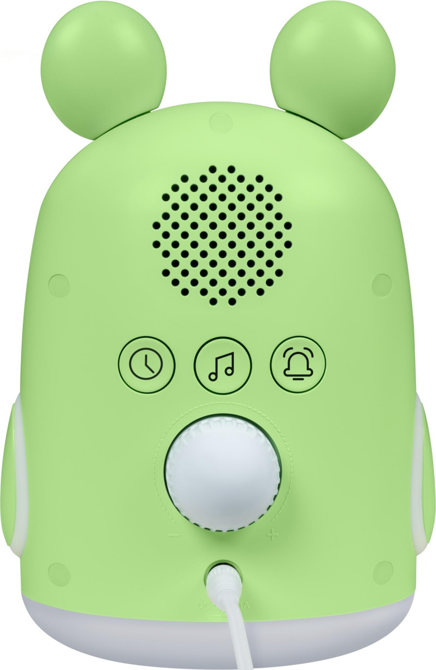Reloj despertador verde con orejas, altavoz, iconos de hora, música y campana.
