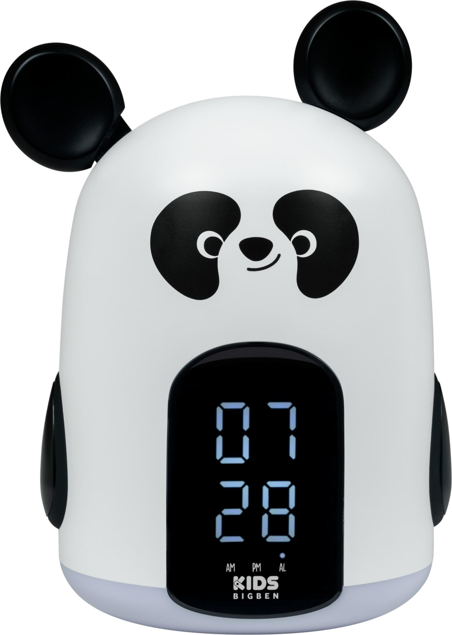 Biały budzik w kształcie pandy z czarnymi uszami i oczami.