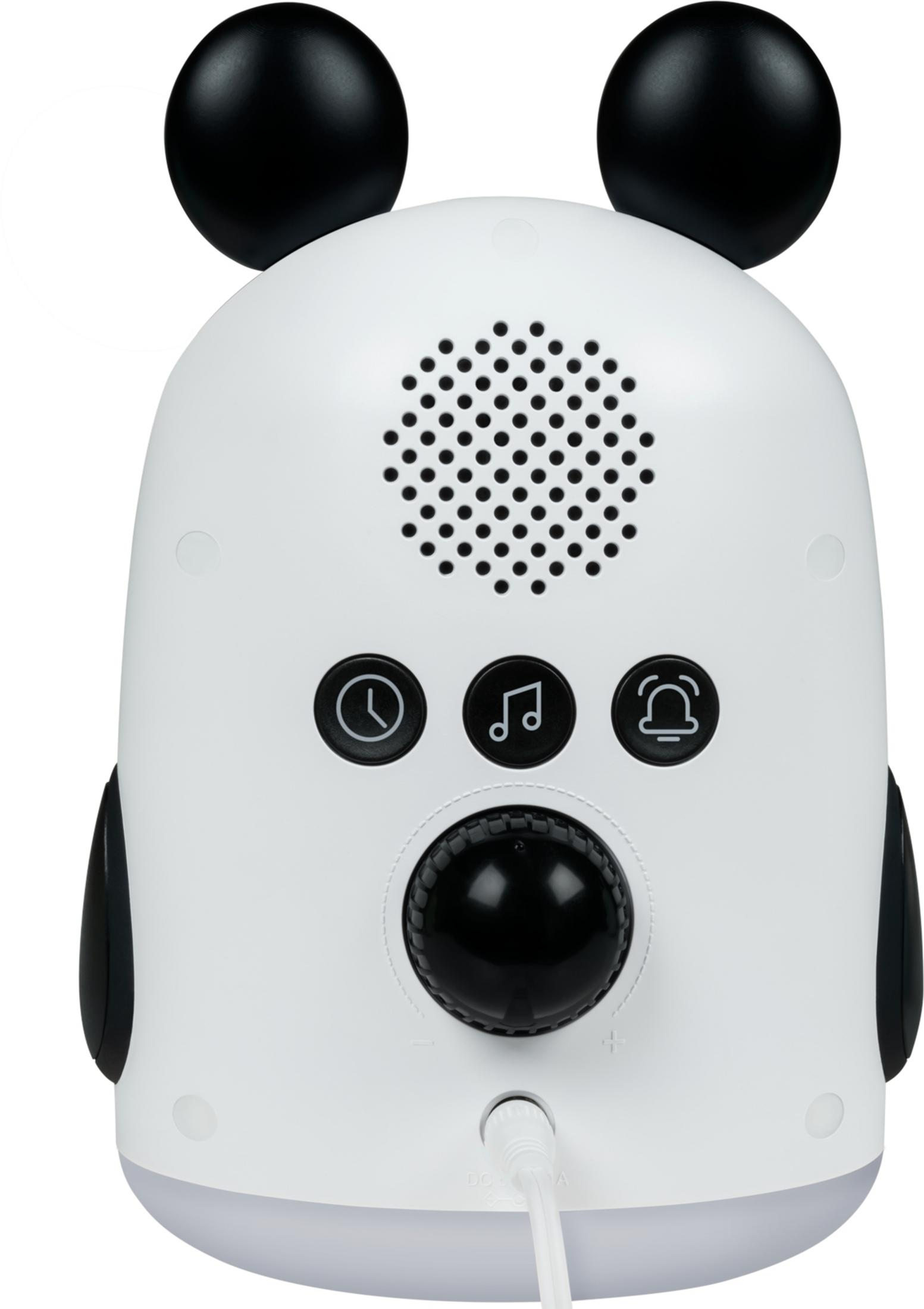 Biały budzik panda z czarnymi uszami, głośnikiem i przyciskami.