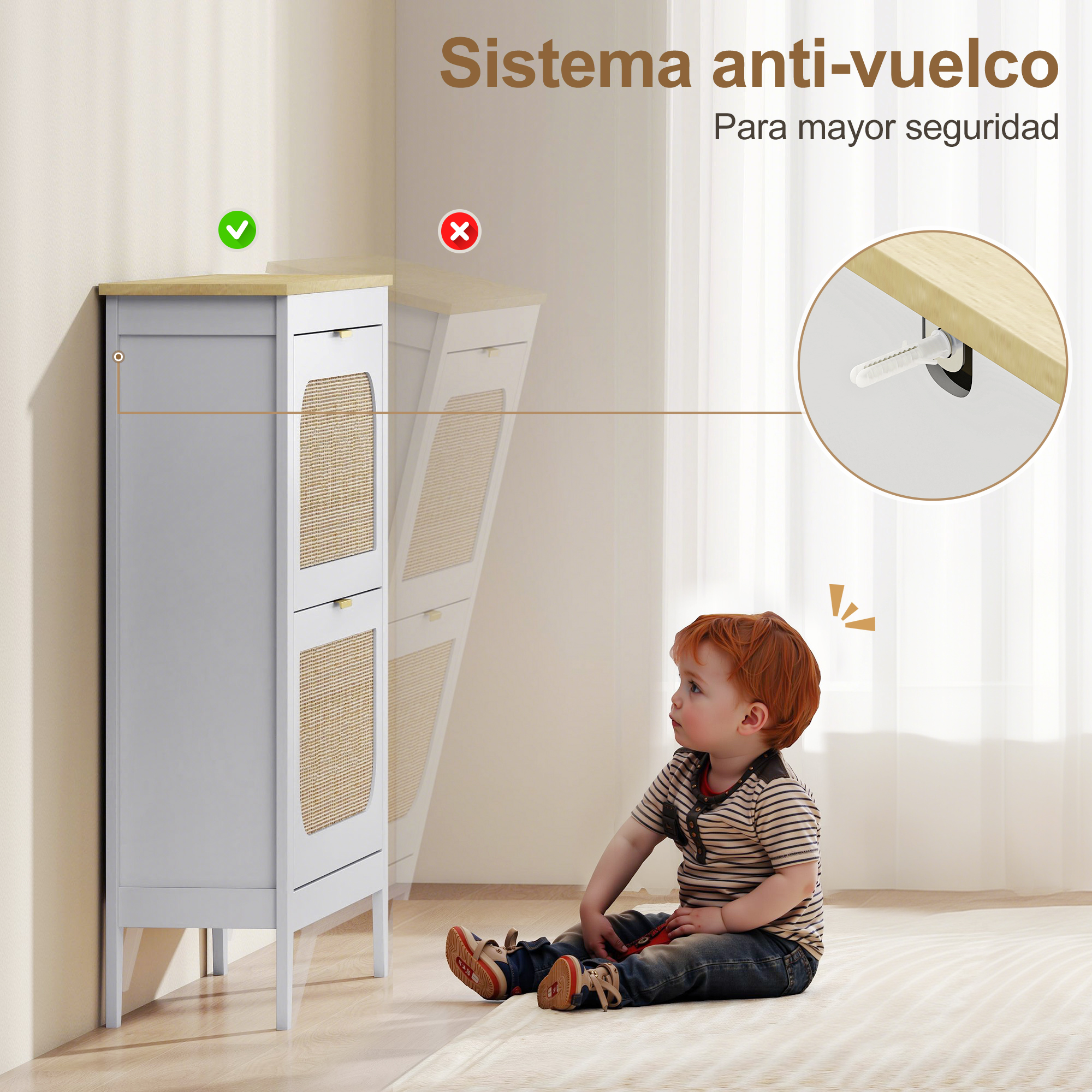 Niño pequeño sentado frente a armario blanco con detalles de ratán. Protección antivuelco.