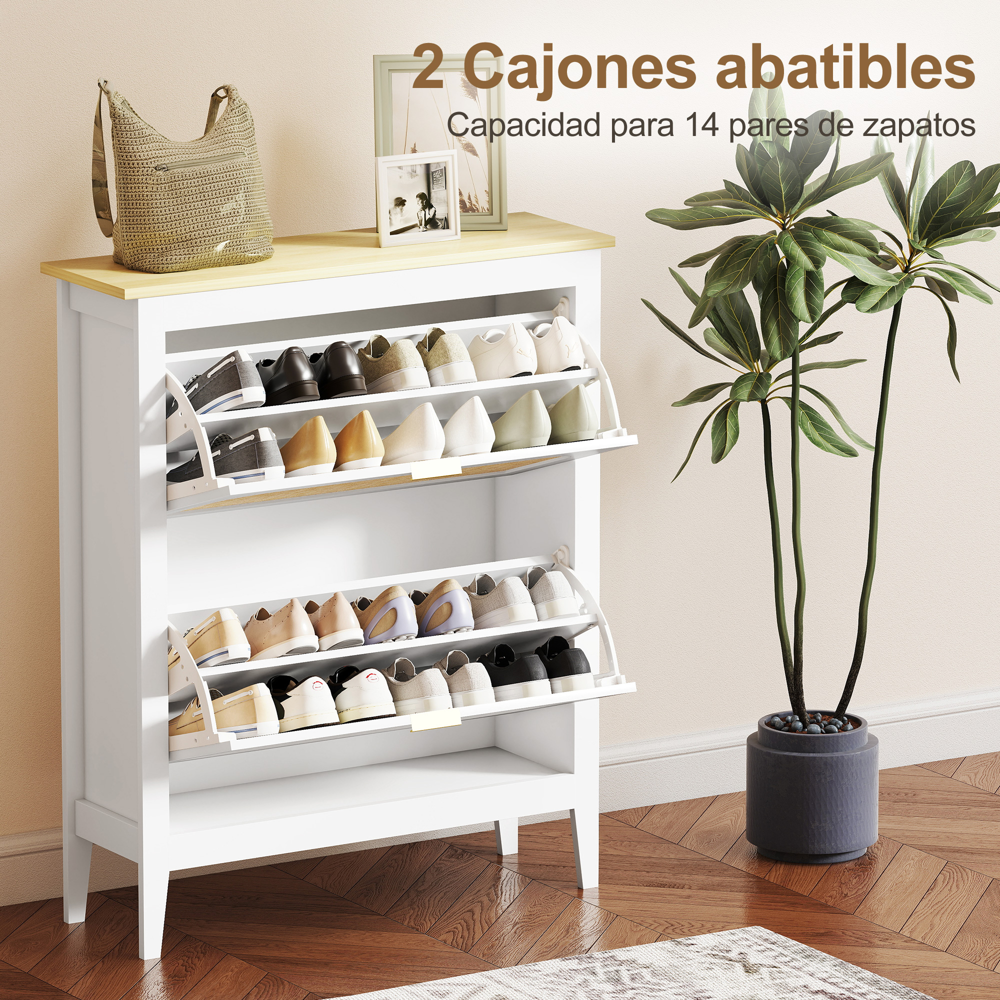 Un zapatero blanco con 2 cajones abatibles, lleno de varios zapatos.