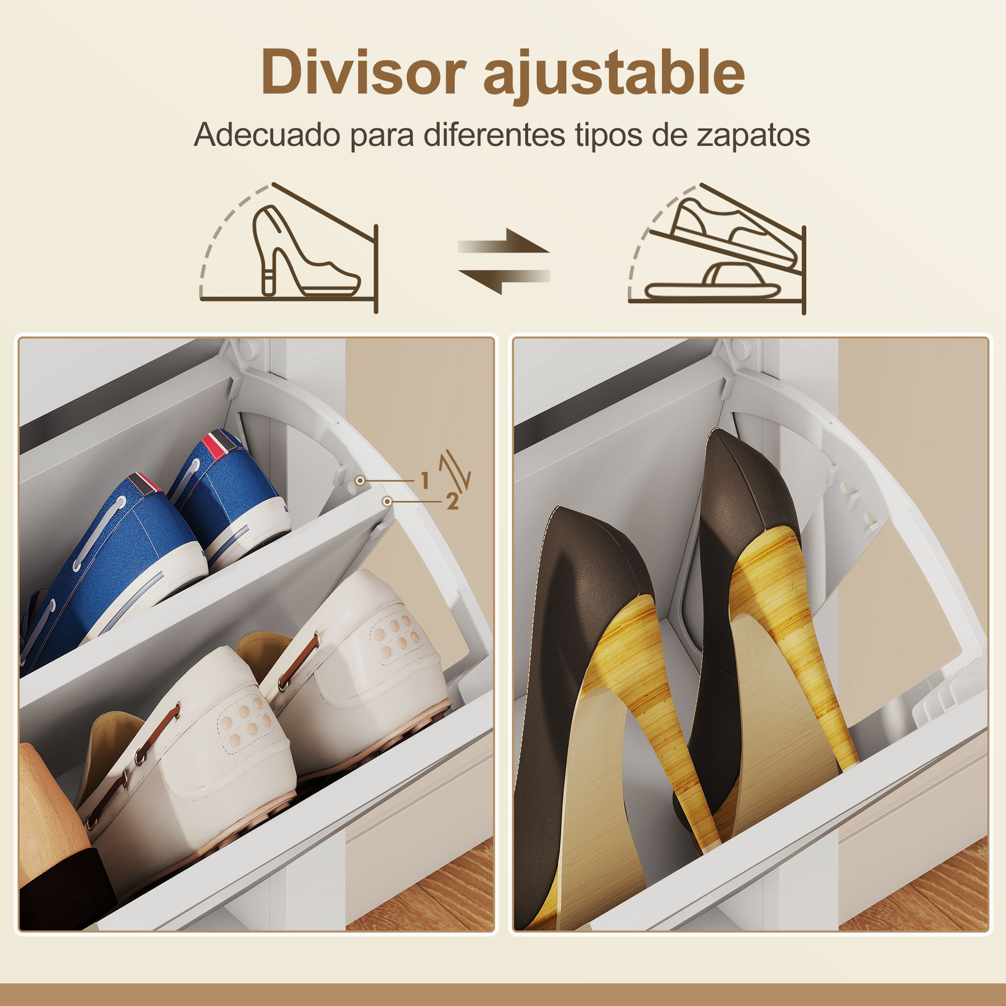 Zapatero ajustable con zapatillas azules y mocasines blancos, más tacones.