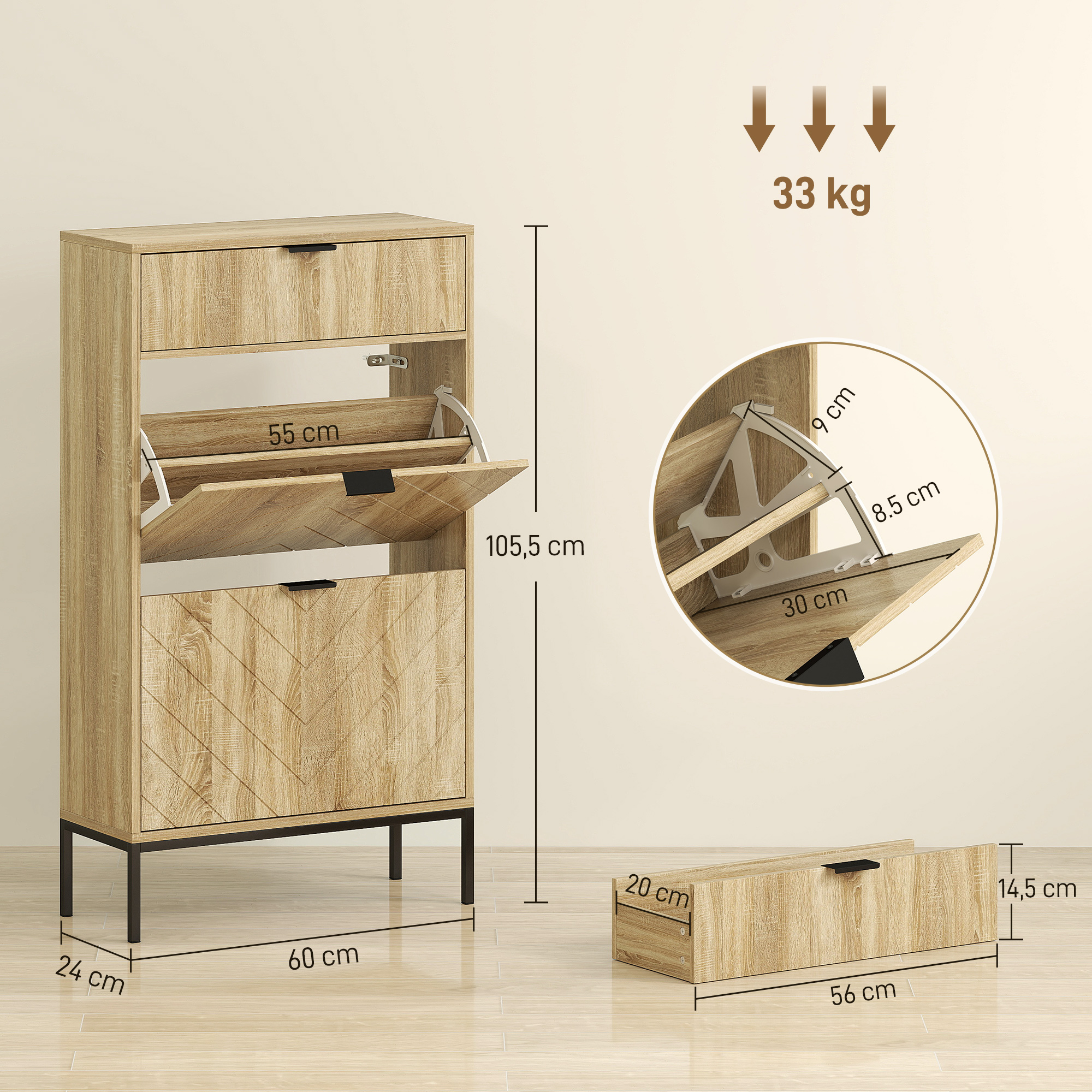 Zapatero de madera con cajón y compartimentos abatibles, se muestran medidas.