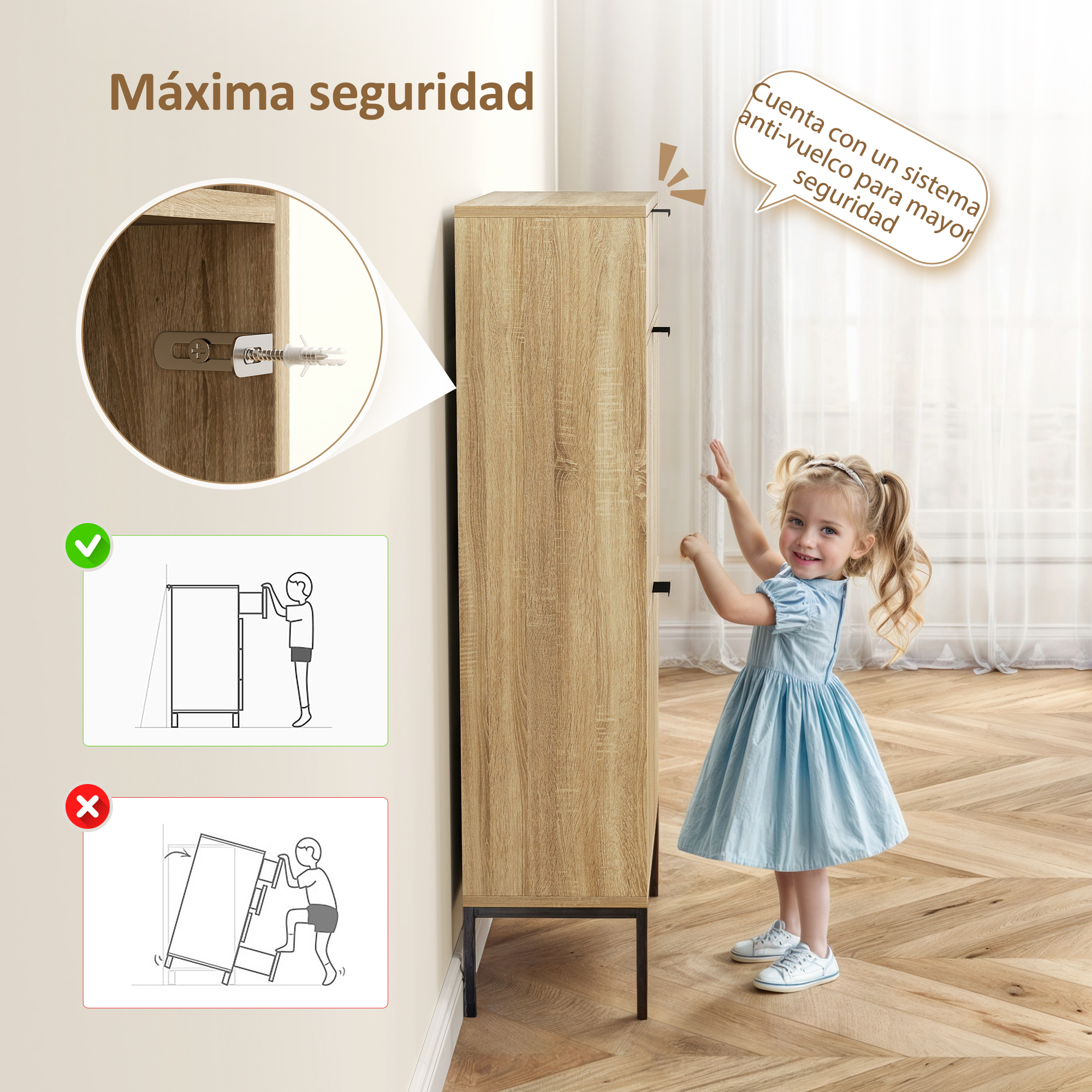 Niña con vestido azul junto a mueble de madera con sistema antivuelco.