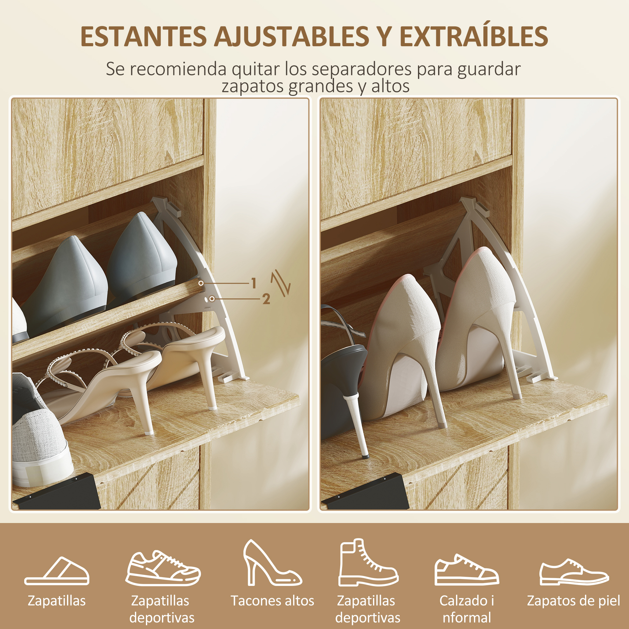 Zapatero de madera con compartimentos abatibles y varios zapatos.