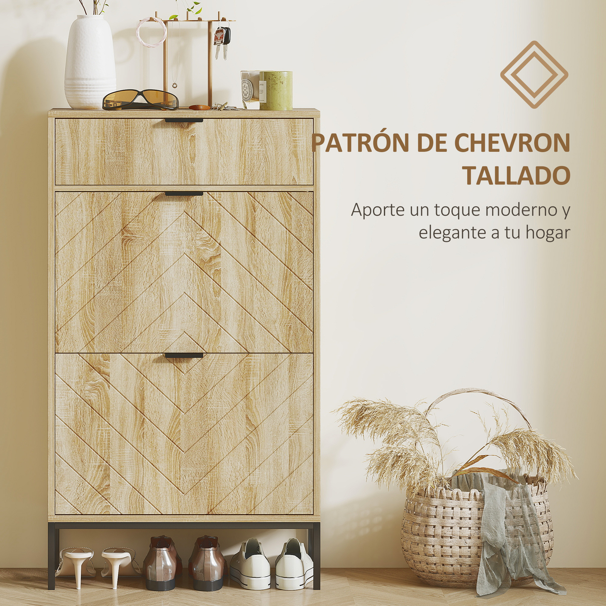 Zapatero de madera con patrón chevron, jarrón, gafas de sol y cestas.
