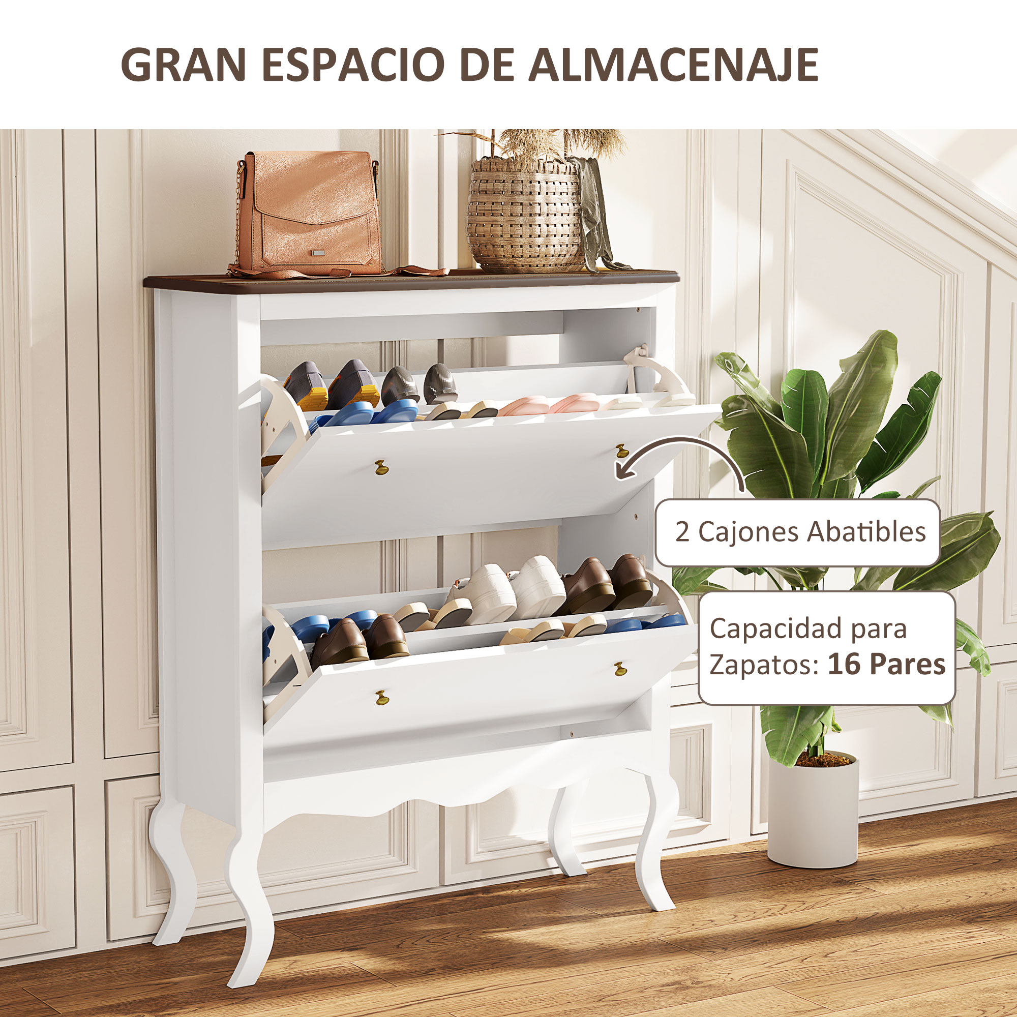 Zapatero blanco con puertas abatibles, lleno de zapatos. Un bolso y una cesta encima.