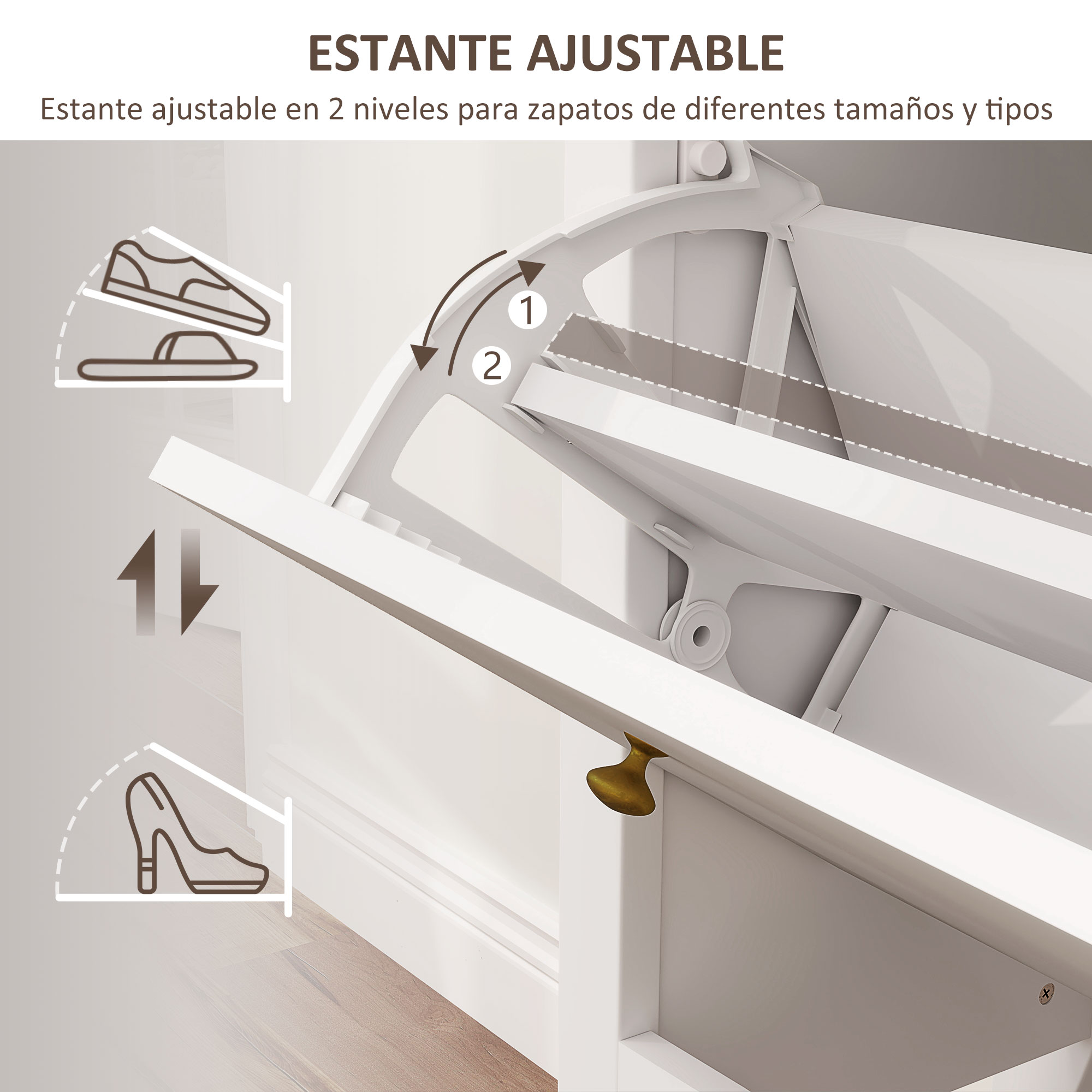 Zapatero blanco ajustable de dos niveles con flechas indicando movimiento ascendente.