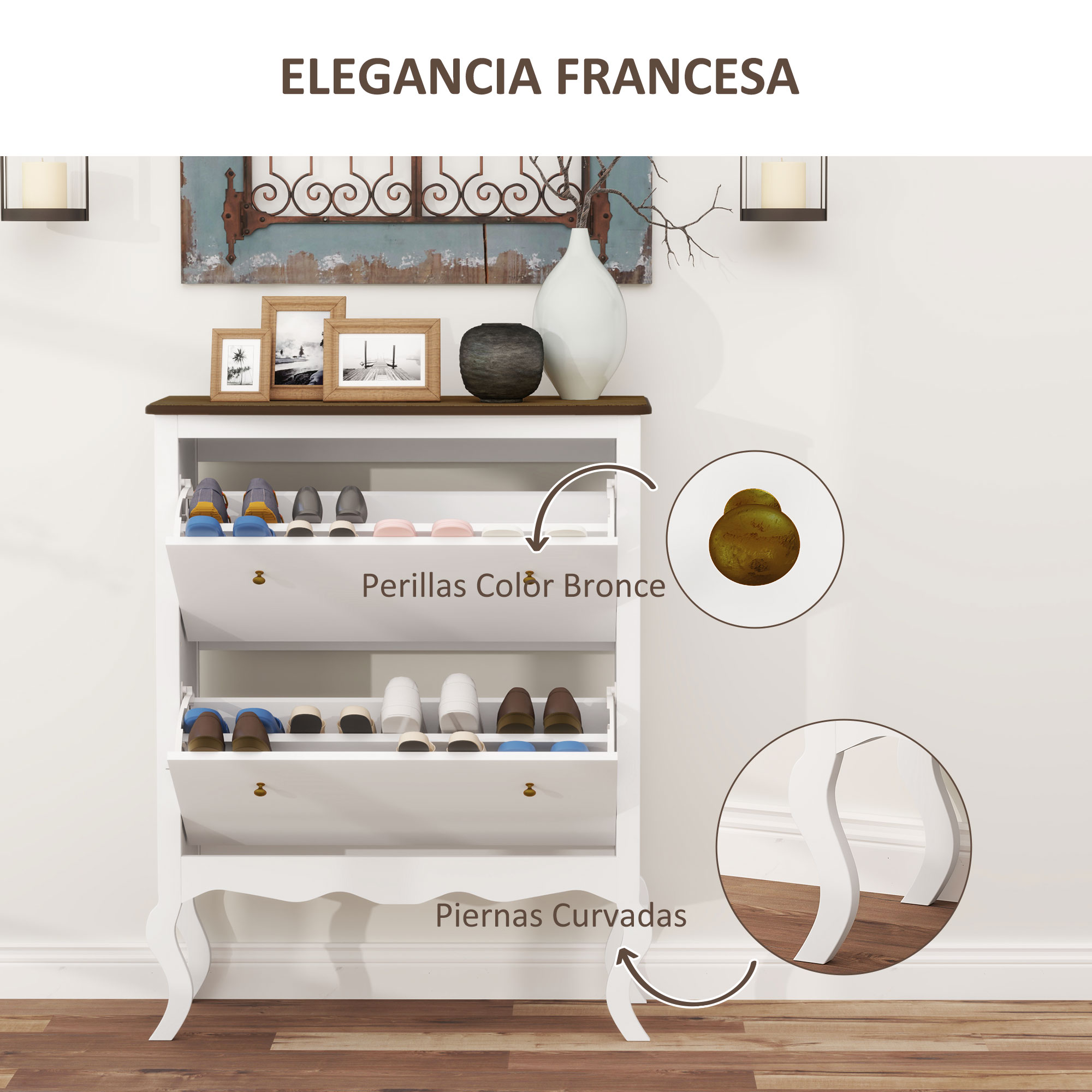 Un zapatero blanco con tres puertas abatibles y tiradores de bronce.