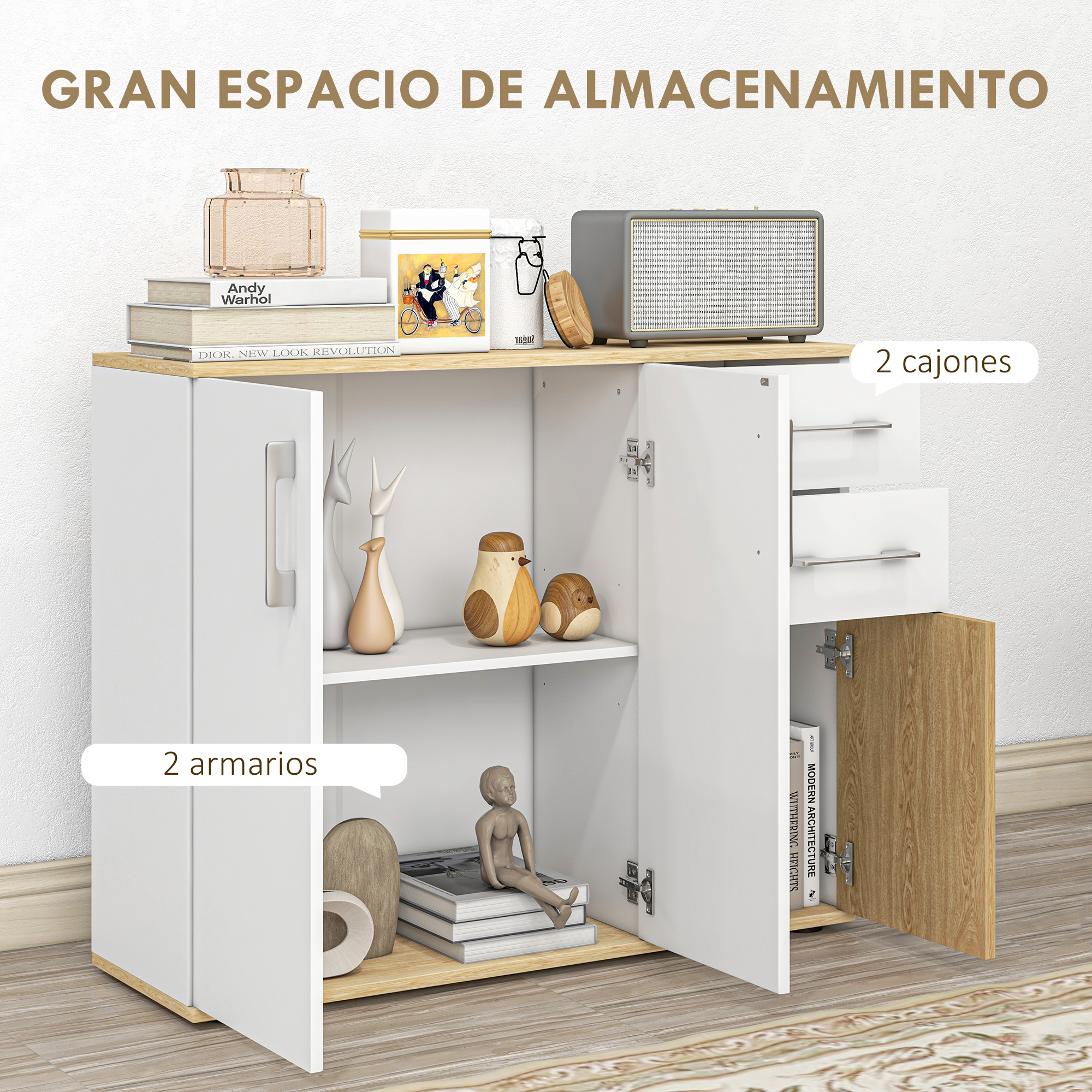 Un armario blanco con detalles de madera, decoración y libros.