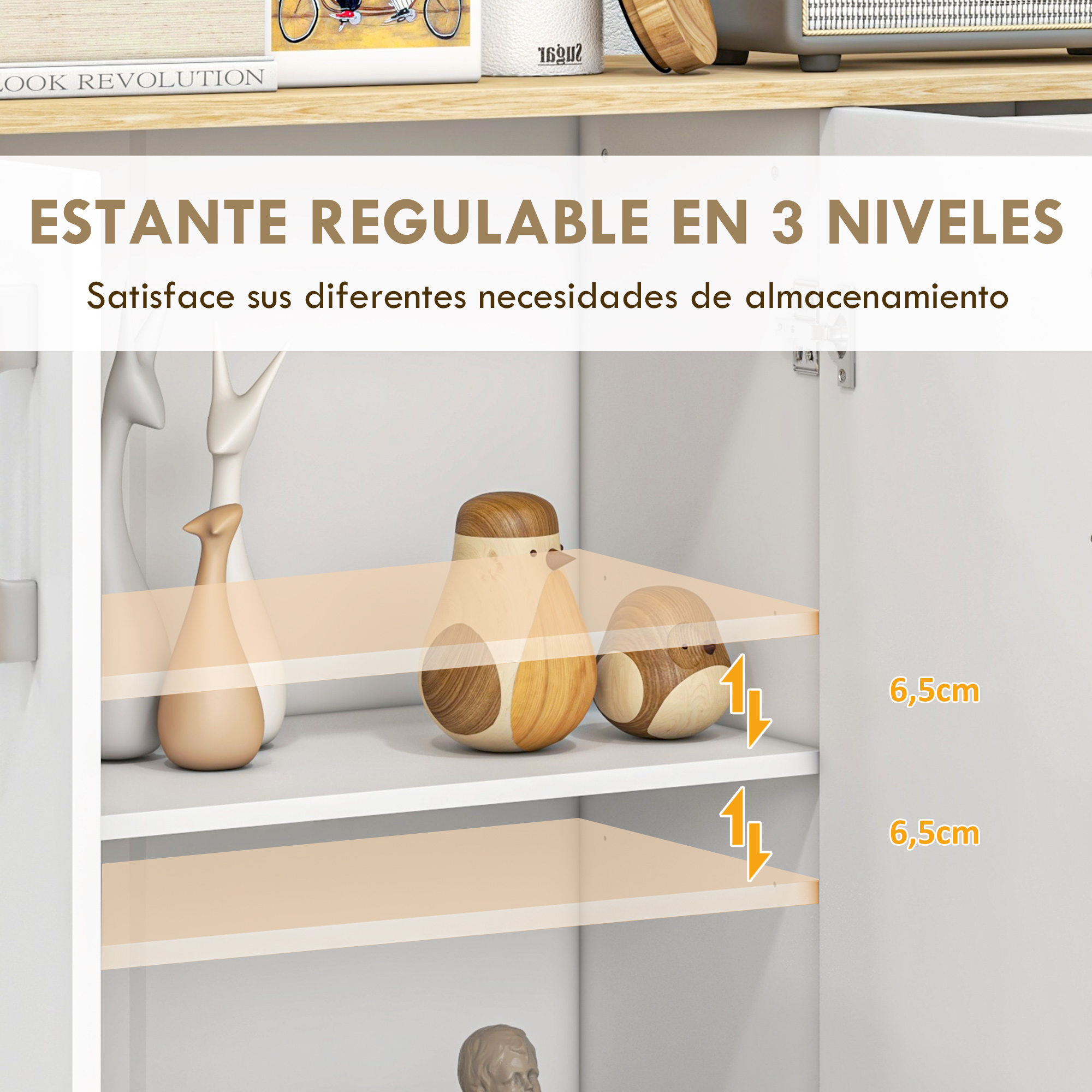 Un armario blanco con estantes ajustables exhibiendo objetos decorativos.
