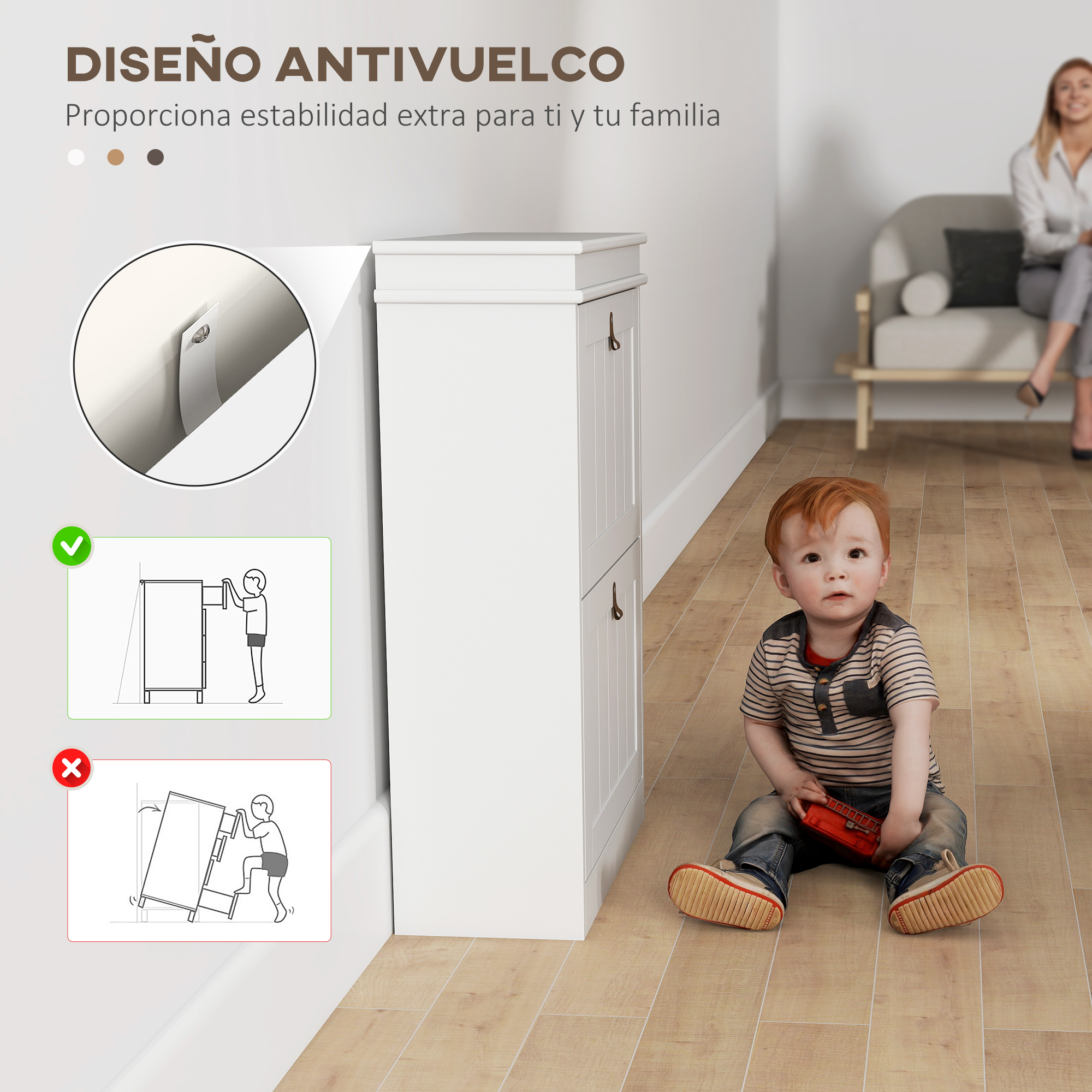 Un niño se sienta en el suelo cerca de un armario blanco. Muestra diseño antivuelco.