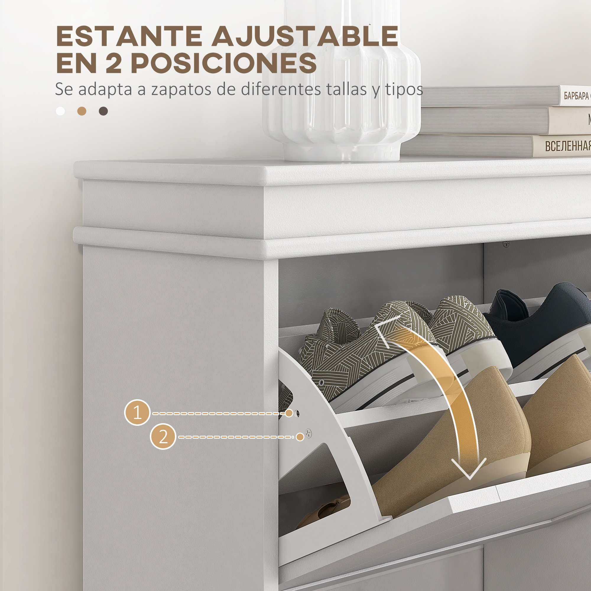 Zapatero blanco con dos compartimentos abatibles, lleno de zapatos.