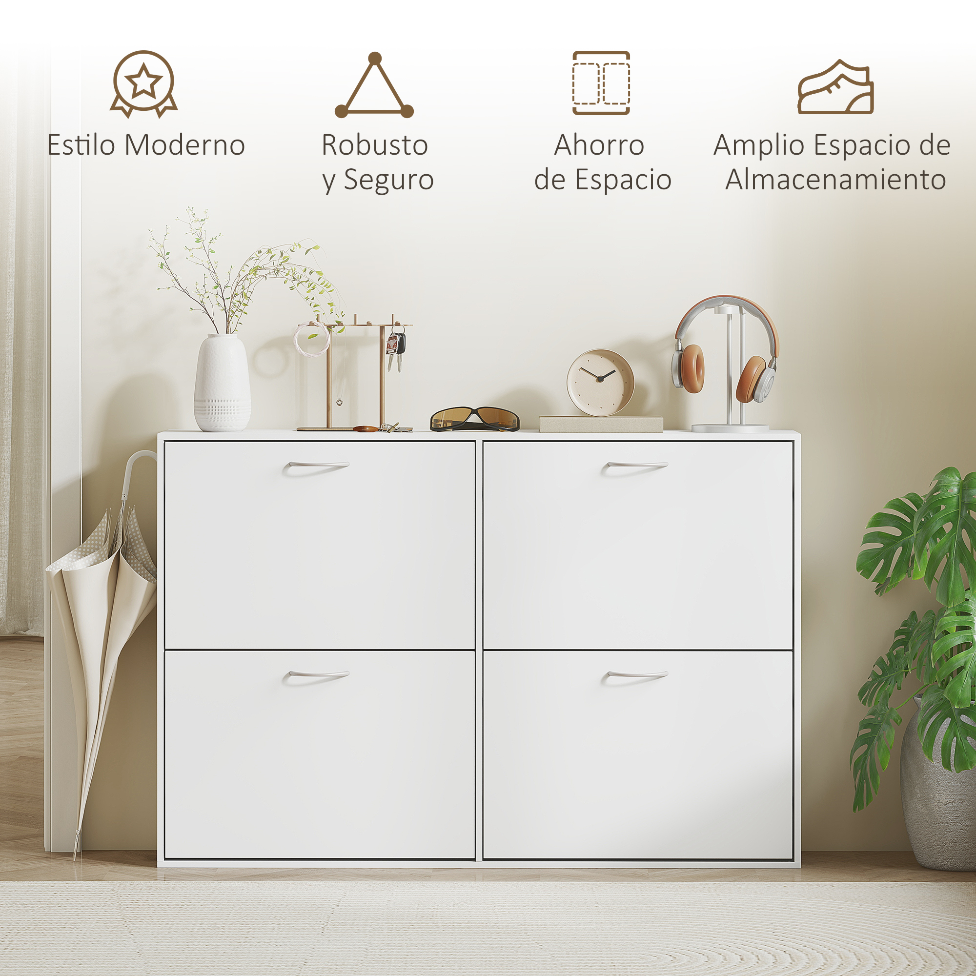 Un zapatero blanco con cuatro cajones está contra una pared.